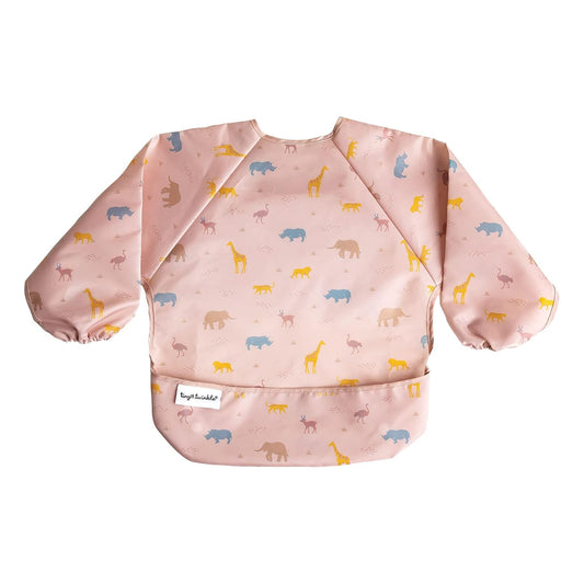 Tiny Twinkle Mess Proof Baby Bib,Waterproof Smock Baby Bib for Eating,Machine Washable Long Sleeve Bib,Baby Led Weaning,Toddler Bib,BLW Supplies(Petite Safari, Small 6-24 Months)