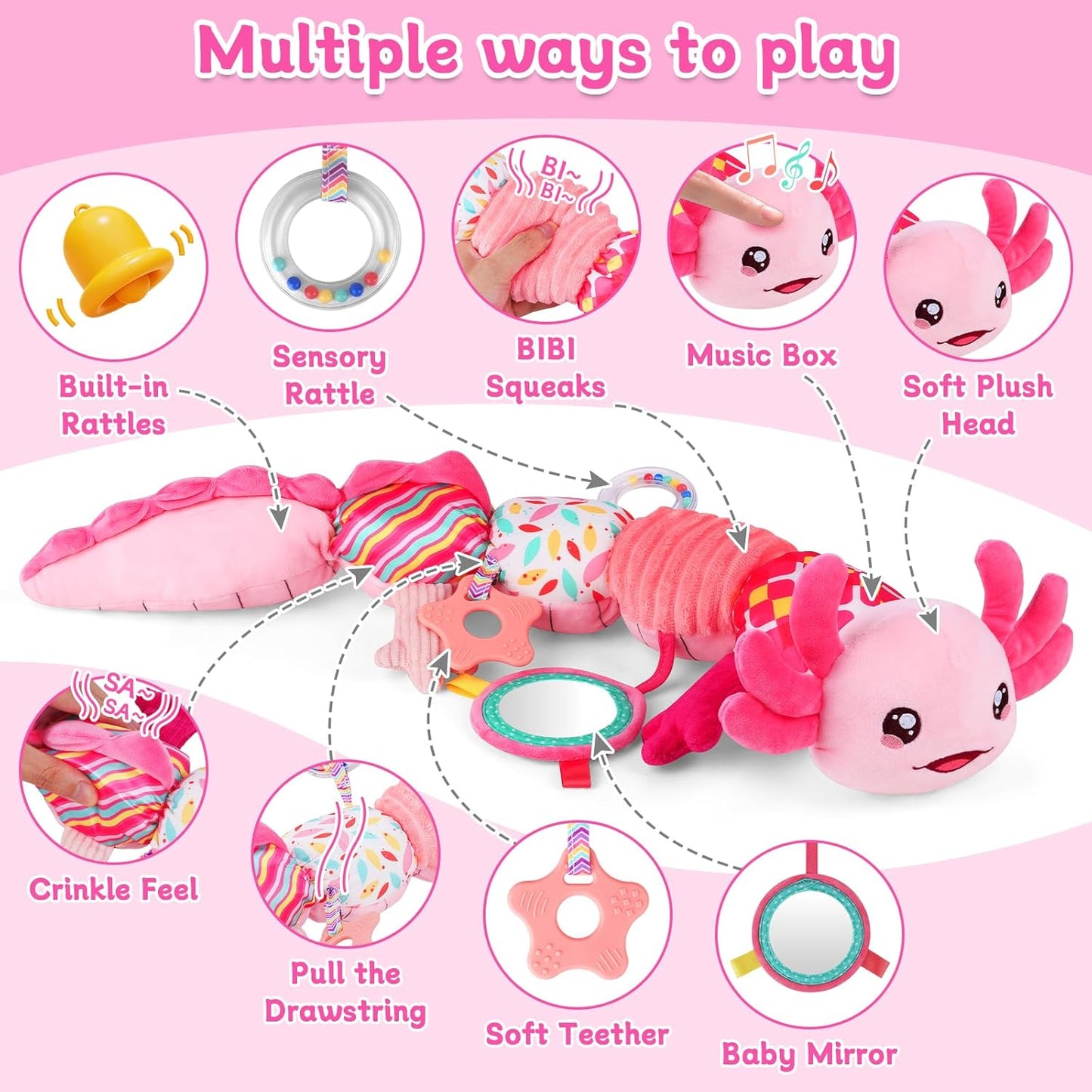 Baby Girls Toys 0-6 6-12 Months,Sensory Axolotl Caterpillar Toys Baby Rattles Musical Tummy Time Toys for 0 3 6 9 12 Months Stuffed Plush with Crinkle, Mirror,Teether for Infant Newborn Shower Gifts