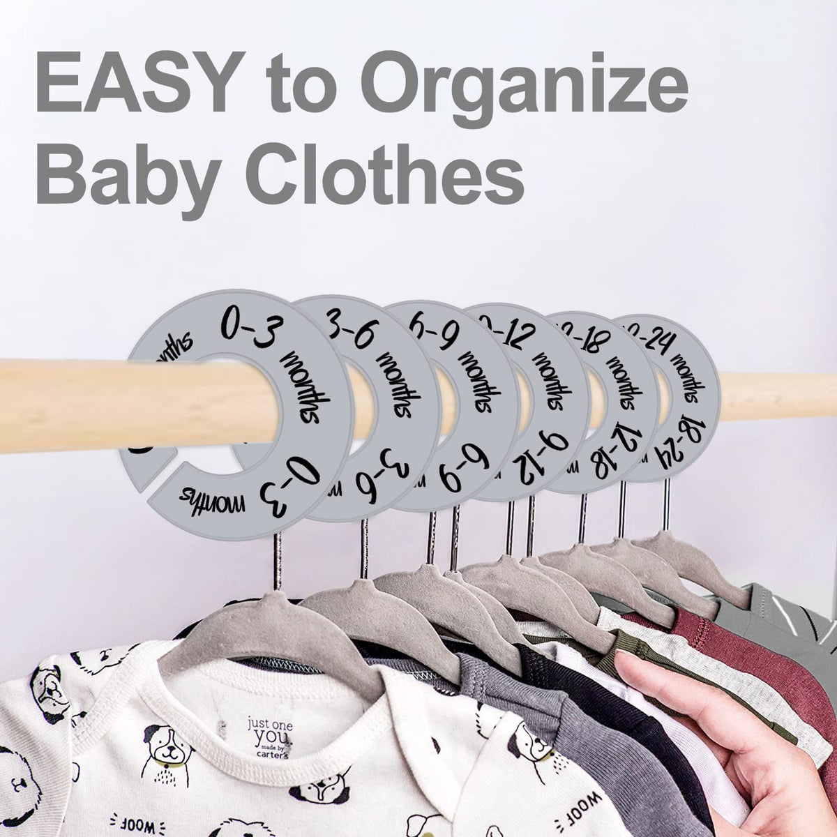Pro Goleem Baby Closet Dividers Gray Baby Closet Organizer for Nursery Baby Clothes Size Age Dividers Fits 1.5" Rod 6 PCS