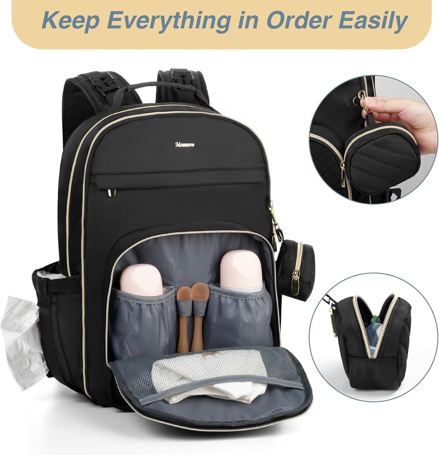 MOMUVO Diaper Bag Backpack, Quilted Baby Bag with Changing Pad and Stroller Straps and Pacifier Case, Large Travel Diaper Bags for Mom Dad,Black