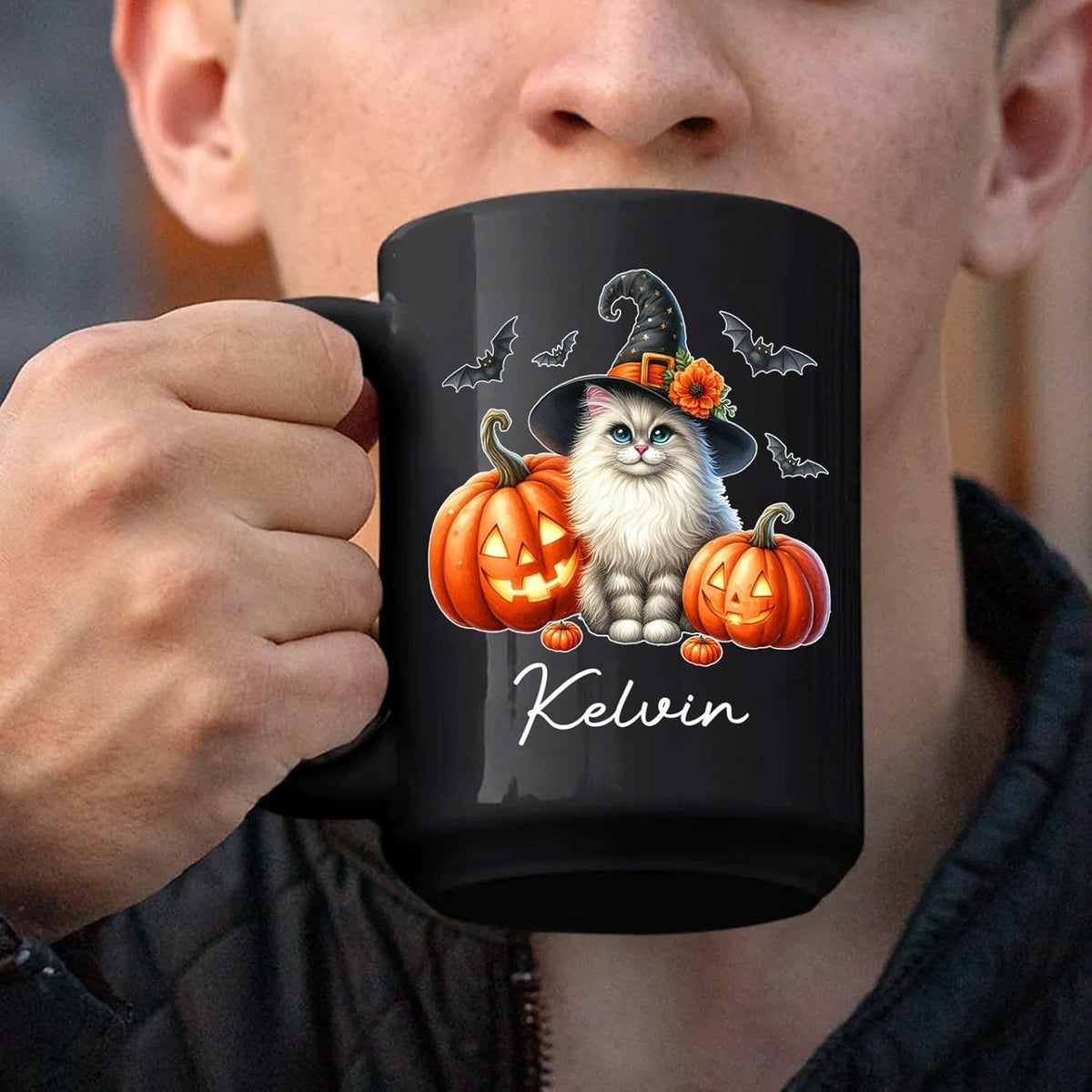 Personalized Turkish Angora Wearing Witch Hat Mug 11oz 15oz, Halloween Turkish Angora Coffee Cup with Custom Name, Cat Pumpkins Ceramic Mug for Halloween, Cat Pet Black Cup Gift for Pet Lover