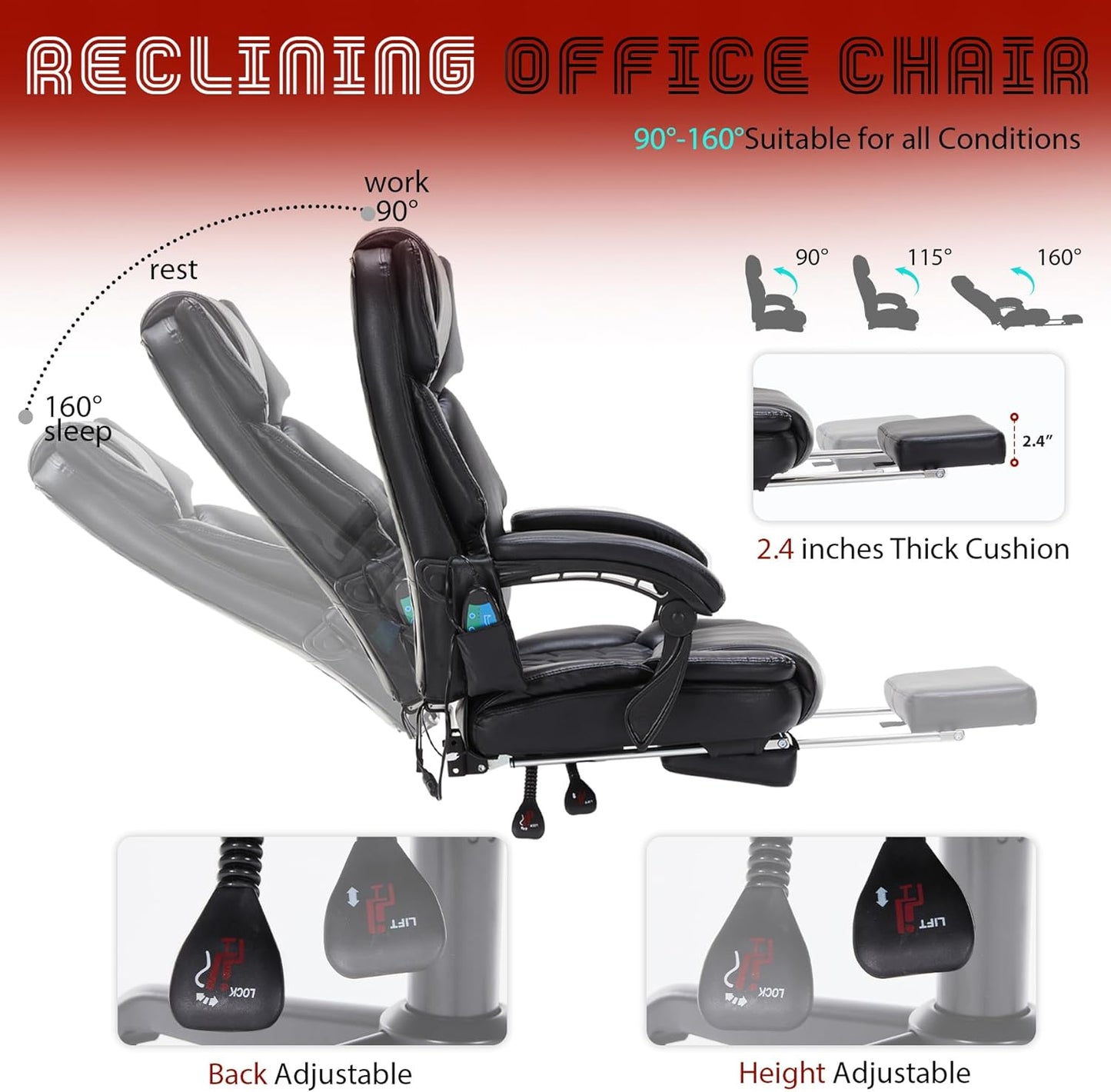 Massage Office Chair with Foot Rest 6 Points Vibration and Heat Home Office Desk Chairs for Heavy People 400lbs Reclining Managerial Chairs Ergonomic Executive Chair (Black)