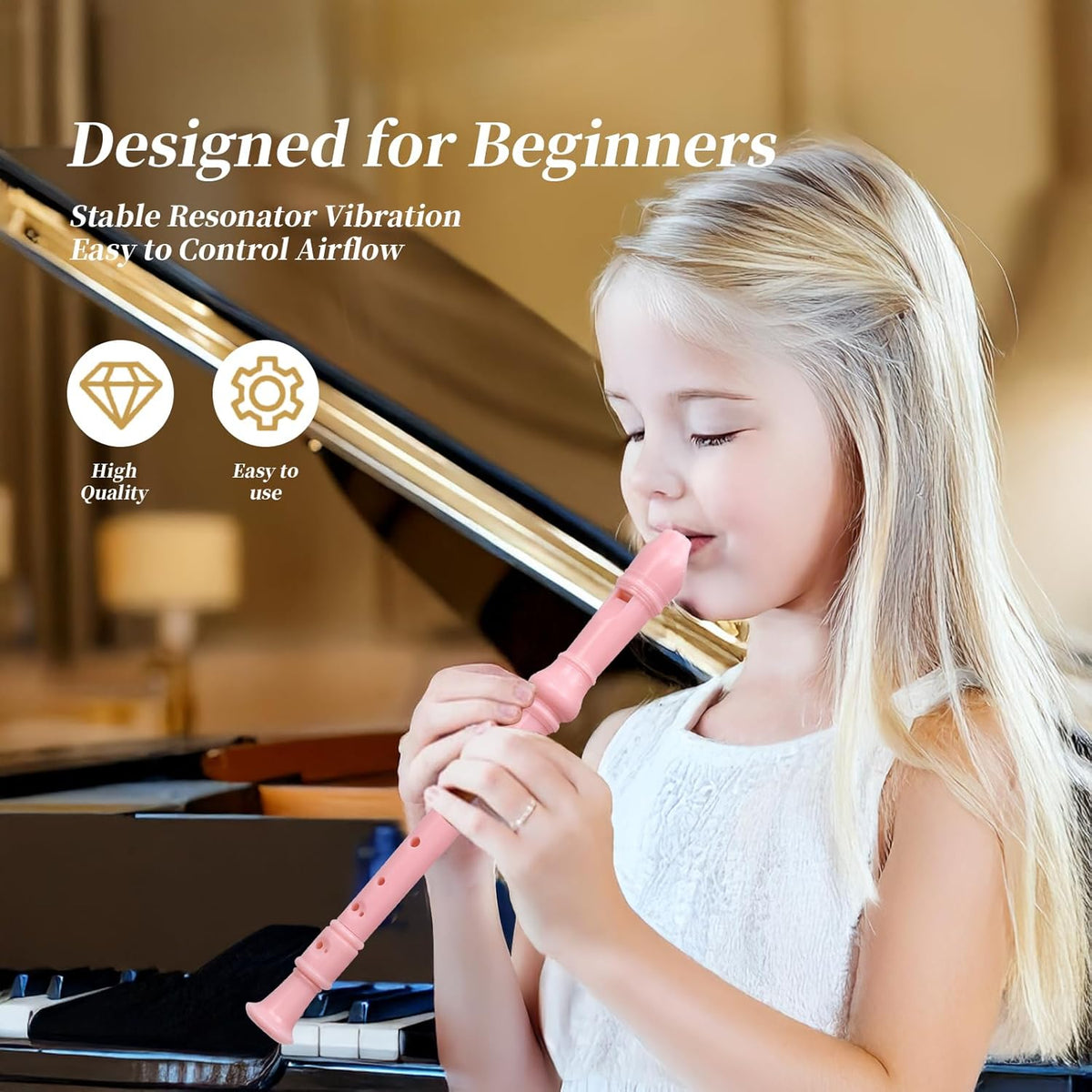 Soprano Recorder for Kids Beginners, German Fingering, C Key, 3 Piece with Cleaning Rod, Bag, Fingering Chart (Pink)…