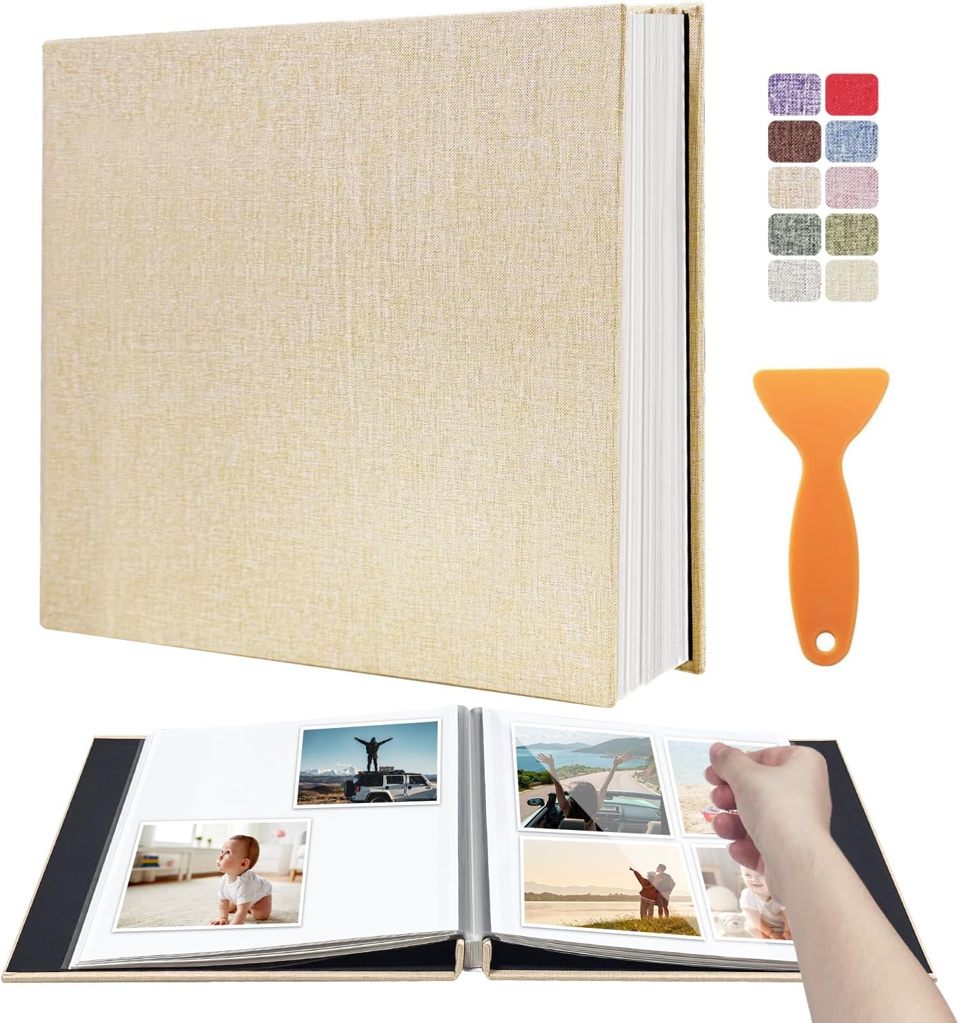 Large Photo Album Self Adhesive Scrapbook Album for 4×6 5×7 8×10 Pictures DIY Magnetic Linen Cover Album 60 Pages for Family Wedding Gifts with Metal Pen and Plastic Board