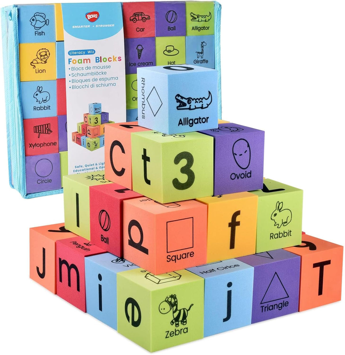 BOHS Foam Learning Blocks - Number,Alphabet,Shapes,Sight Words - Quiet,Safe and Soft Stacking Toys for Toddlers,30pcs,1.96 in(5cm)/Piece