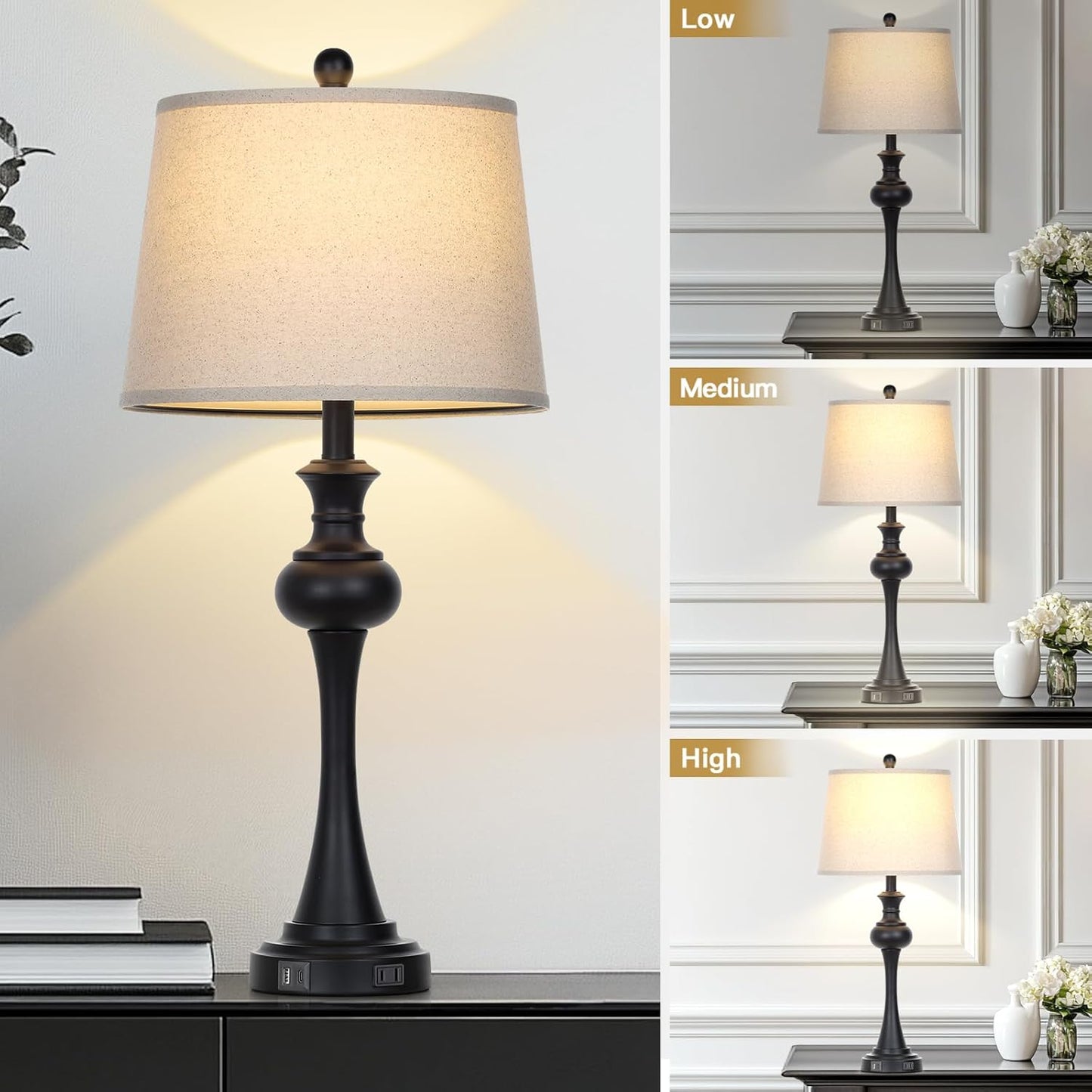 28.75'' Modern Black Metal Table Lamps Living Room Lamp for Nightstand Bedside End Lamp Home Decor Touch Lamp Modern Lamps with USB A+C Ports & Outlets （Bulb Included）