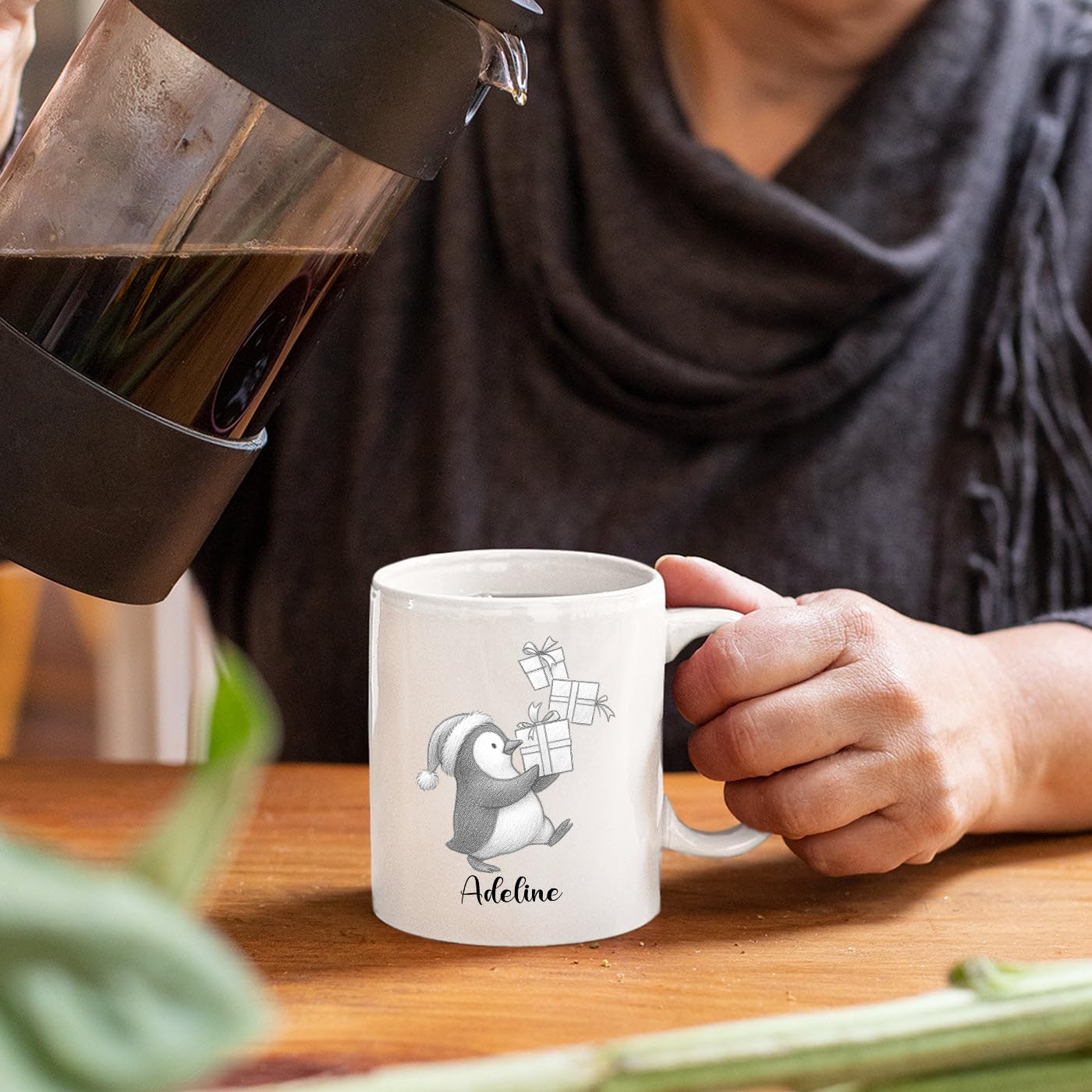 Personalized Penguin Accent Coffee Cup With Name, Cute Penguins Ceramic Mug Gift For Granddaughter Grandson Birthday, Customized Name Penguin White Coffee Mug 11 15 Oz, Novelty Penguins Lover Teacup