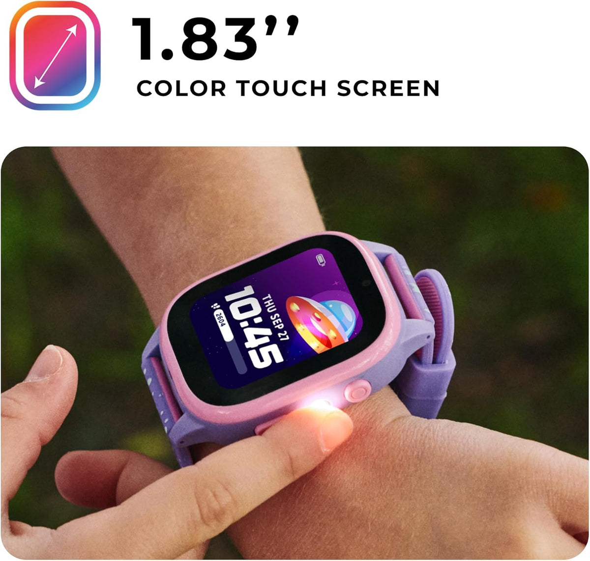 PlayZoom 4 Kids Smartwatch – 1.83” Color Touchscreen, 25+ Games, Selfie Camera, Audiobooks, Songs, Step Tracker, Parental Controls, Waterproof, for Ages 4-12 (Purple Unic)