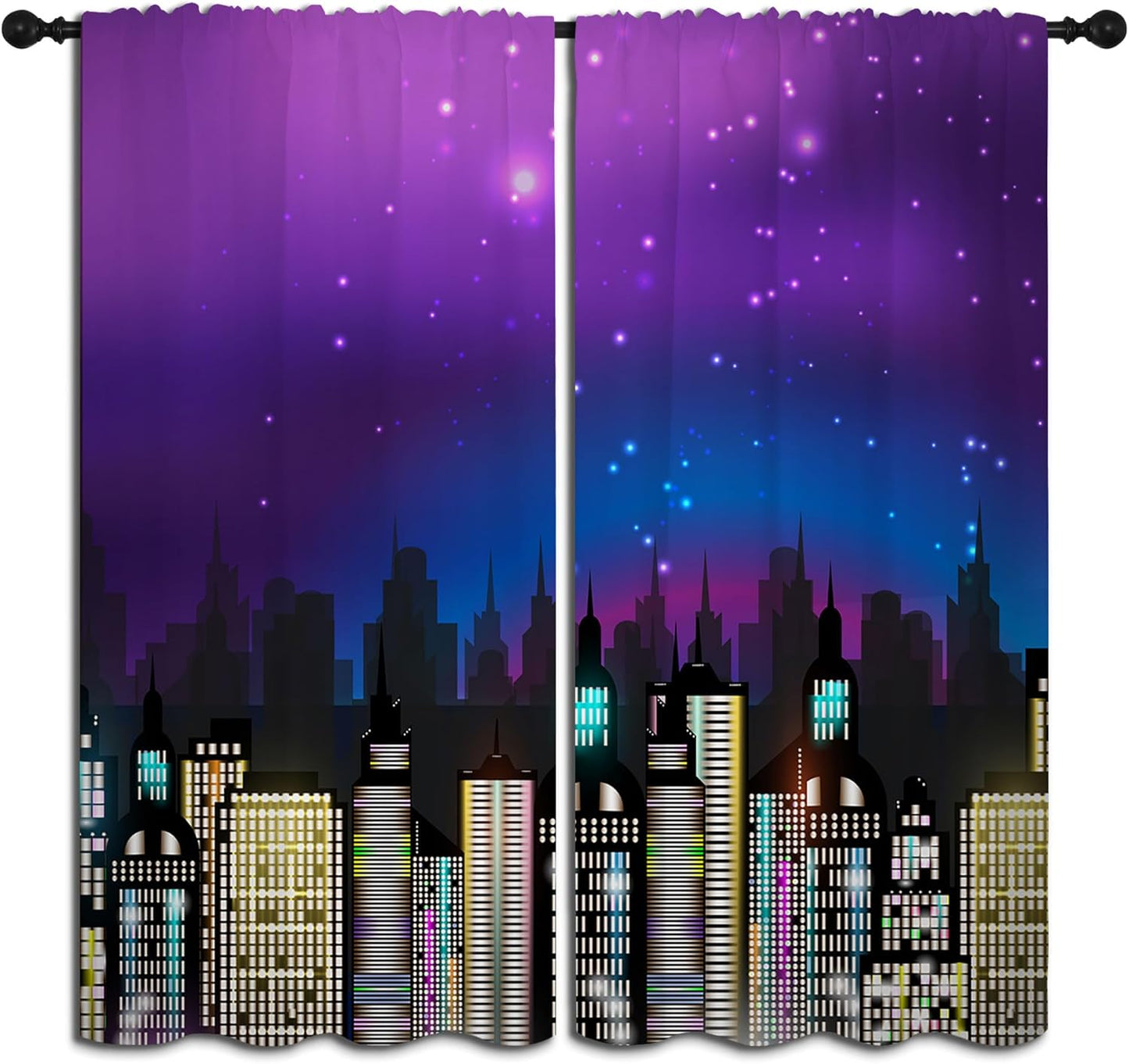 Superhero Rod Pocket Blackout Curtains for Boy Girl Bedroom, Super City Skyline Buildings Night Panorama Home Energy Efficient Light Filtering Window Curtain for Living Room, 84x84 inch