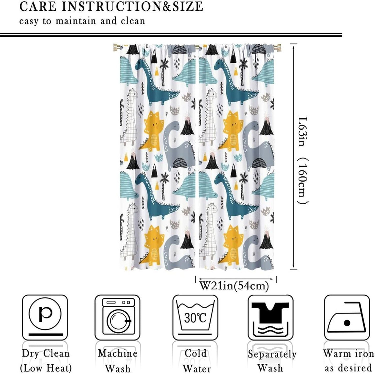 Kids Dinosaur Curtains for Boys Girls Bedroom Decor Cartoon Dino Colorful Cute Funny Wildlife Animal Printed Blackout Rod Pocket Window Drapes for Baby Nursery Playroom Living Room W21xL63in 2 Panels
