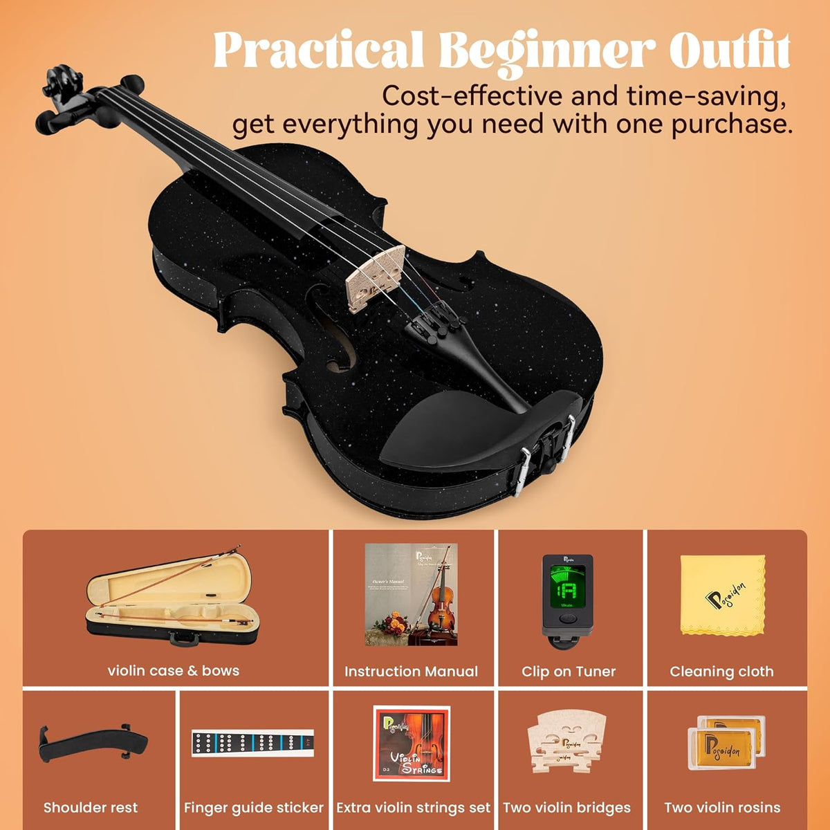 3/4 Acoustic Violin Fiddle, Black Violin for Beginners for Beginners Violin Starter Kit w/Case, Two Bows, Two Bridges, Two Rosins, Two 3/4 Strings Full Size Set, Shoulder Rest, Clip-on Tuner, Manual