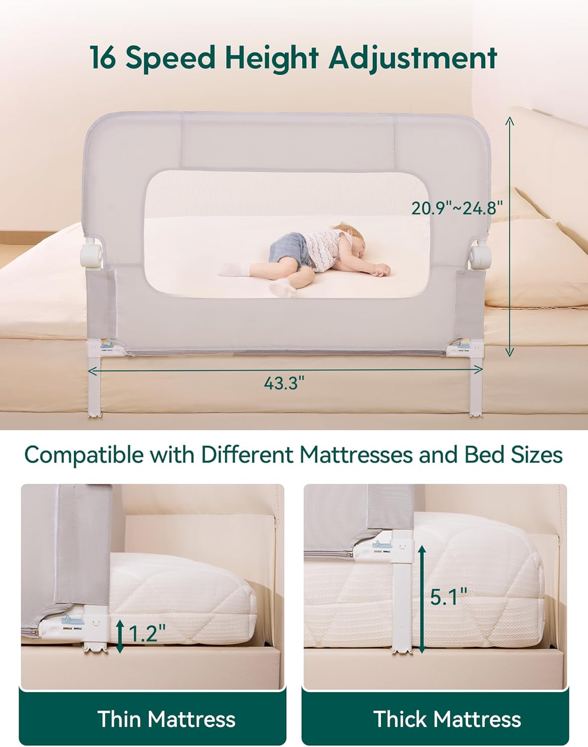 BABELIO Bed Rail for Toddlers, 43" Wide Swing Down & Adjustable Height Toddler Bed Rails for Kids/Elderly/Adults, Baby Side Railing for Twin/Full/Queen/King Size