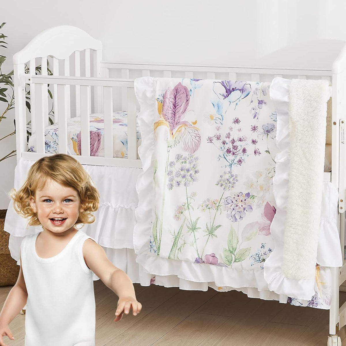 Brandream Gilrs Floral Bedding Boho Baby Bedding Watercolor Farmhouse Nursery Crib Blanket Set 3 Piece, Fitted Sheet, Skirt