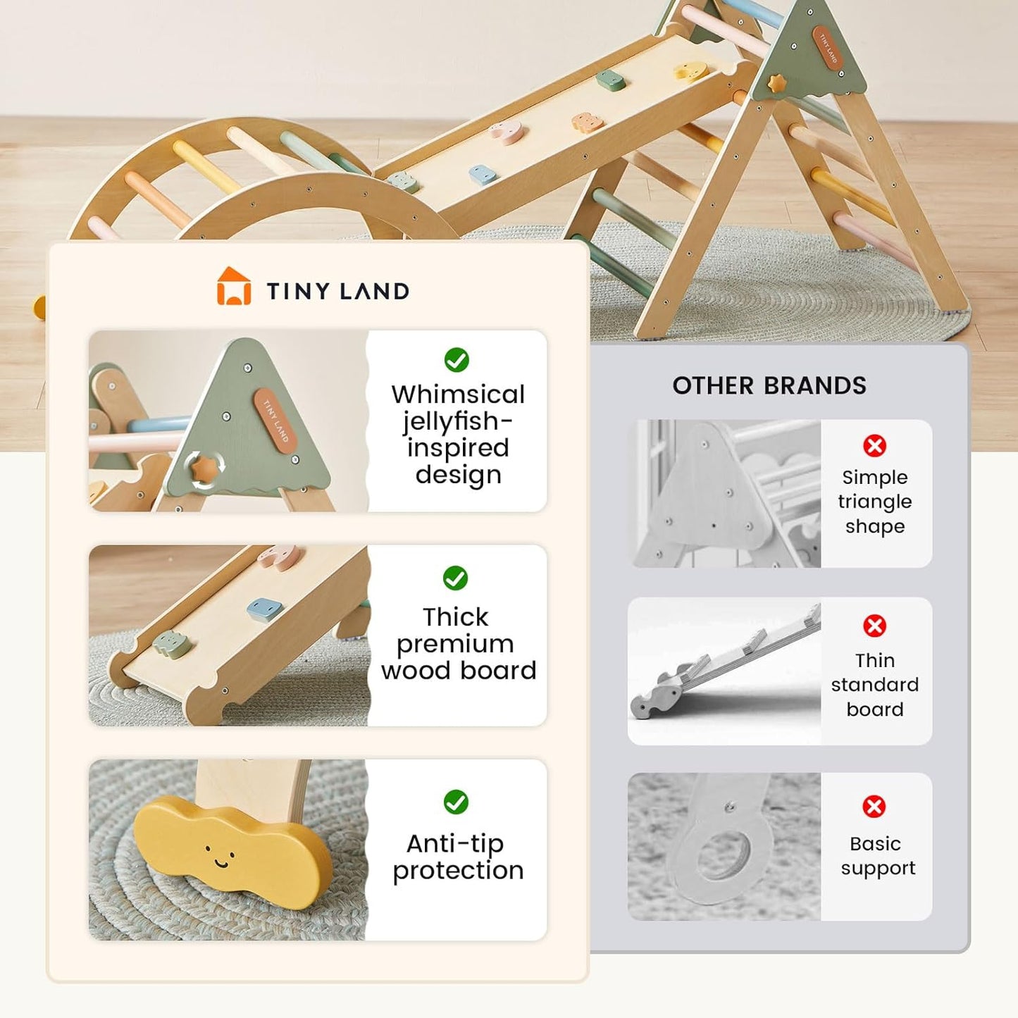 Tiny Land Pikler Triangle Set,7-in-1 Foldable Montessori Toddler Climbing Toys Indoor, Wooden Playground Jungle Gym for Kids, Climber Gift for Boys & Girls Toddler Climbing Toys (Morandi)