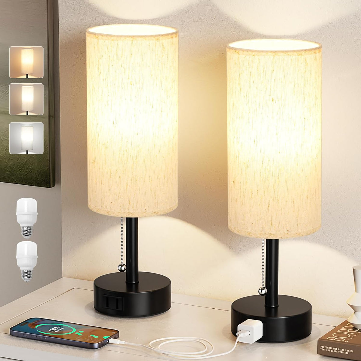 Bedside Table Lamps Set of 2-3 Color Temperatures Pull Chain Lamp with AC Outlet Charging Port, Small Round Night Stand Lamps for Bedroom Guest Room Office, Bed Side Light with E26 LED Bulbs