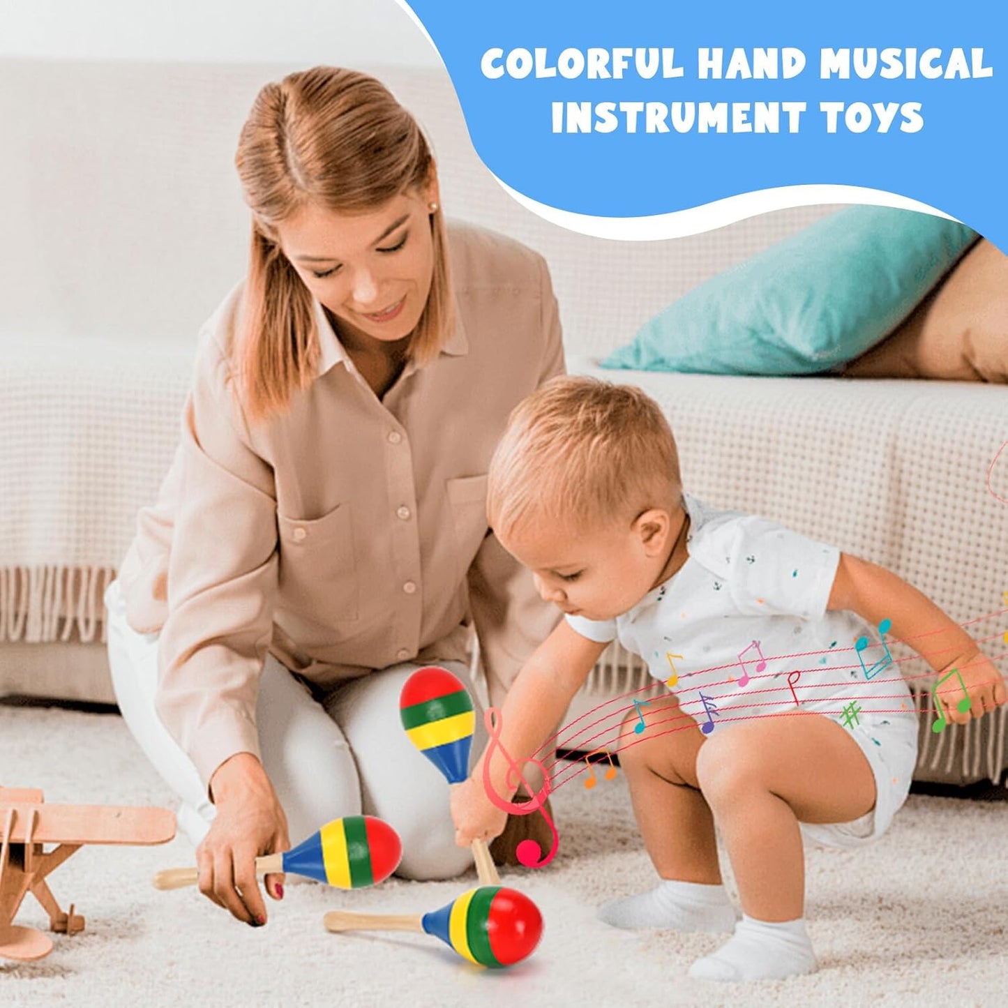 2 Pcs Maracas, Hand Percussion Rattles for Kids, Wooden Rumba Shaker Hand Musical Instruments with Clear Rhythm for Kids Adults Playing (Colorful)