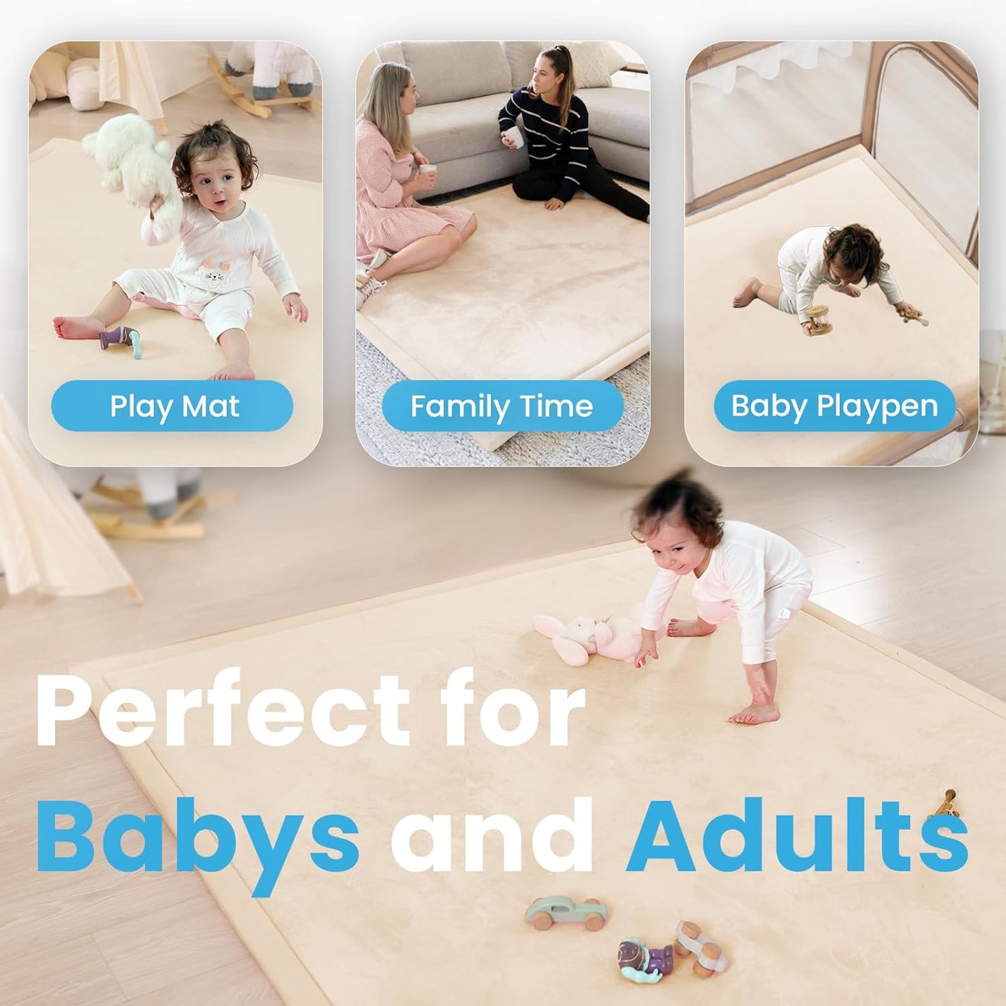 Ultra Soft Baby Play Mat,1.3" Thick Elasti-Foam Tummy Time Mat for Infants,Toddlers,Kids,Water-Repellent Coral Fleece Nursery Rug,Non-Slip Safe for Crawling&Hardwood Floors(Beige)