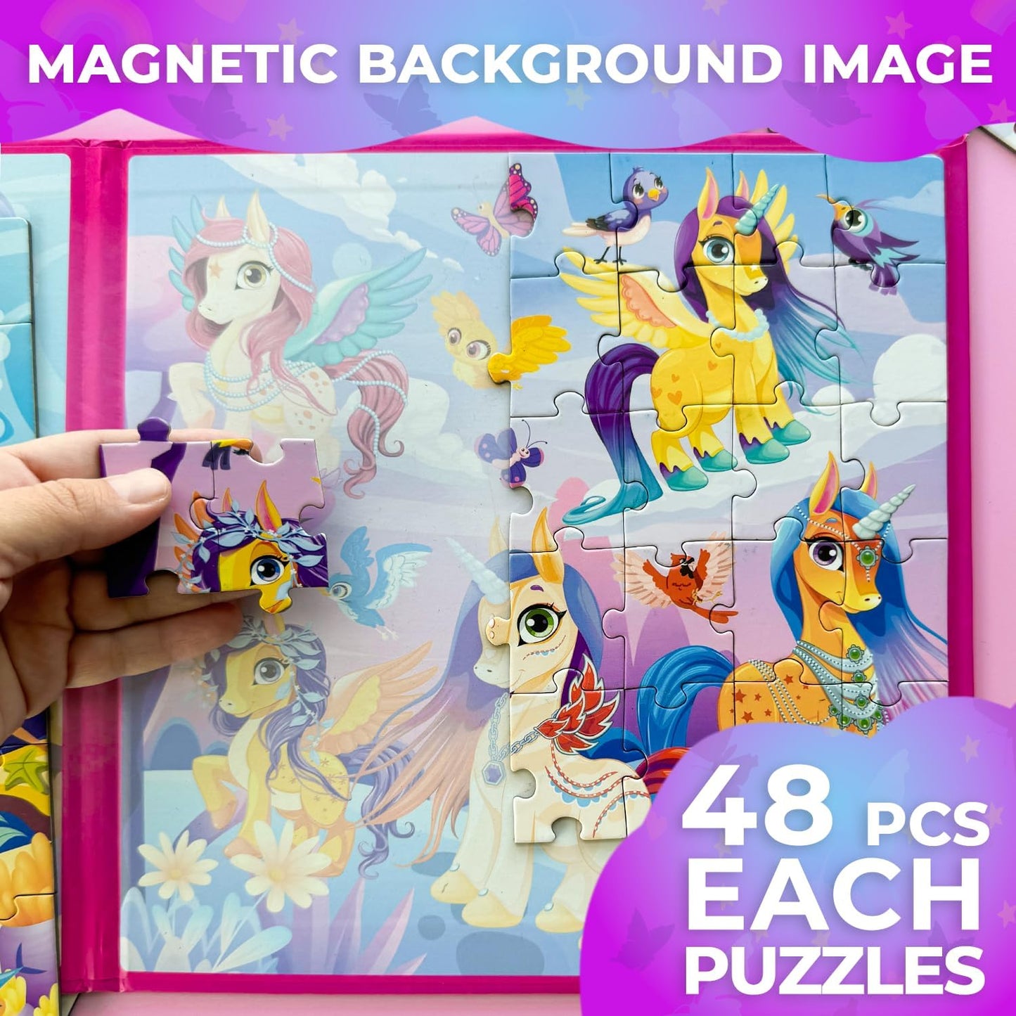 QUOKKA Magnetic Puzzles for Kids Ages 4-6 - 2x48 Travel Puzzle Games for Toddlers 3-5 Years Old - Car Activities Toy for Boys and Girls 2-4 yo - Unicorns & Mermaid Learning Magnet for Road Trip
