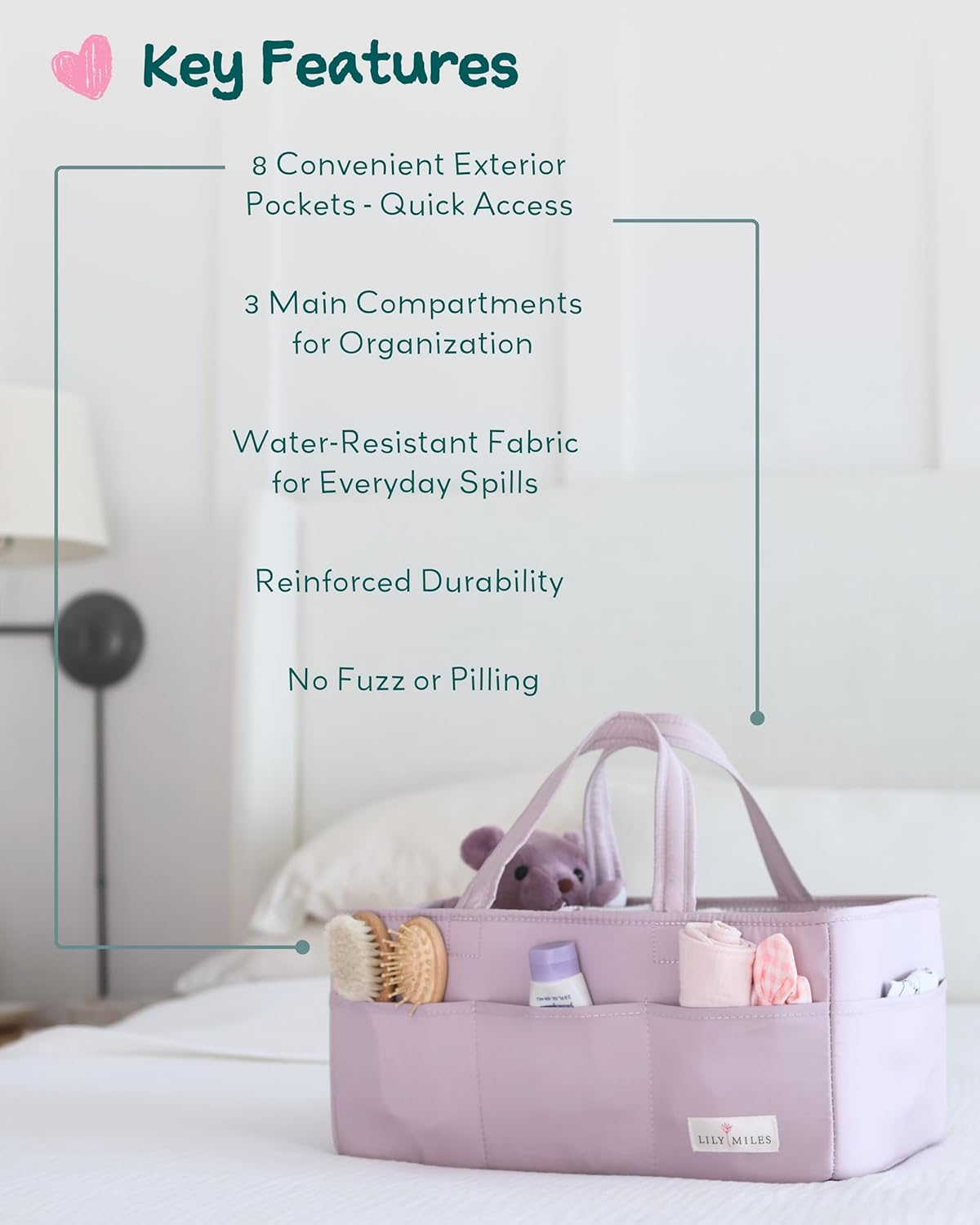 Lily Miles Baby Diaper Caddy Organizer, Wipeable Diaper Organizer Basket with 8 Pockets for Newborn Essentials, Baby Shower Gifts, Nursery Tote Bag for Changing Table or Car (Rosy Lilac, Large)