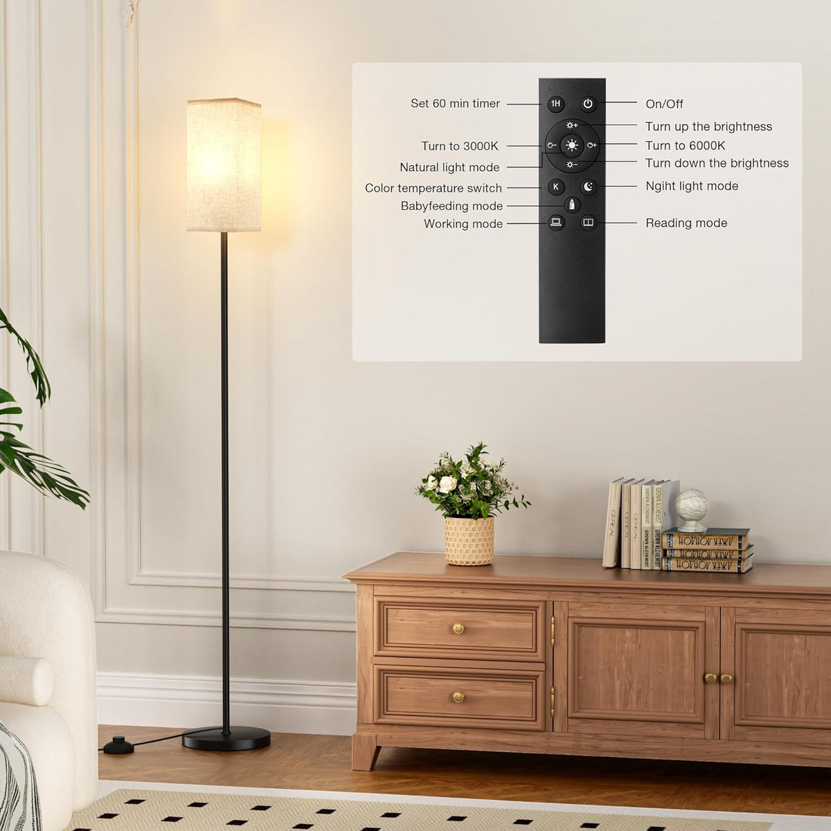 Ambimall Floor Lamps for Living Room & Remote Control, 9W Stepless Dimmable Bulb, Foot Switch, 64'' Tall Standing Lamp, Beige Lampshade(Black)
