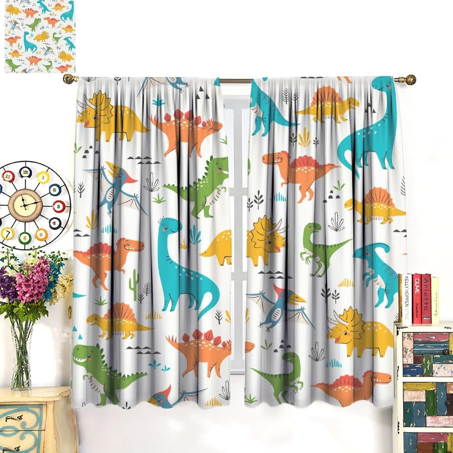 Kids Dinosaur Curtains for Boy Girl Bedroom Decor Cartoon Dino Colorful Cute Funny Animal Wildlife Printed Blackout Rod Pocket Window Drapes for Baby Nursery Playroom Living Room W42xL84in 2 Panels