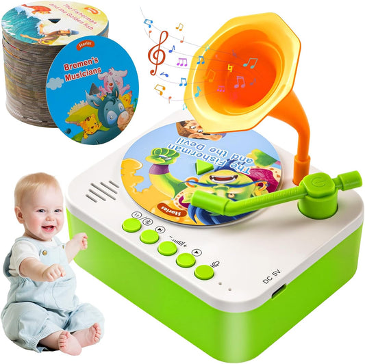 Kids Phonograph Toddler Record Player， with 96 Learning Cards, Early Education Machine Record Player Music Box Storyteller pop Speakers, Gift for Boys and Girls