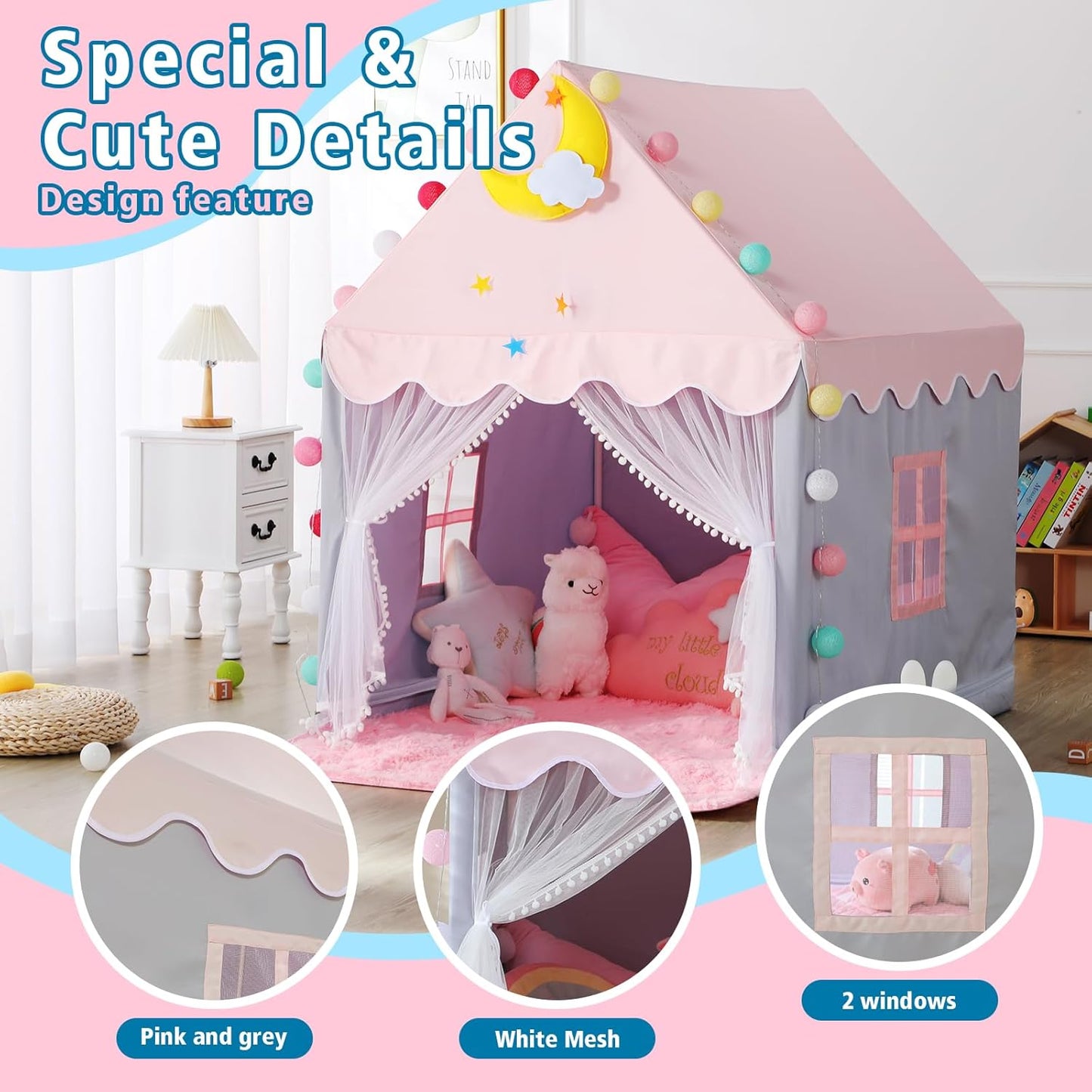 Wilwolfer Kid Tent with Mat, Star Lights - Kids Play Tents for Toddlers Kids Tents Indoor Playhouse - Princess Tent for Girls Toy House Gift (Gray with Mesh)