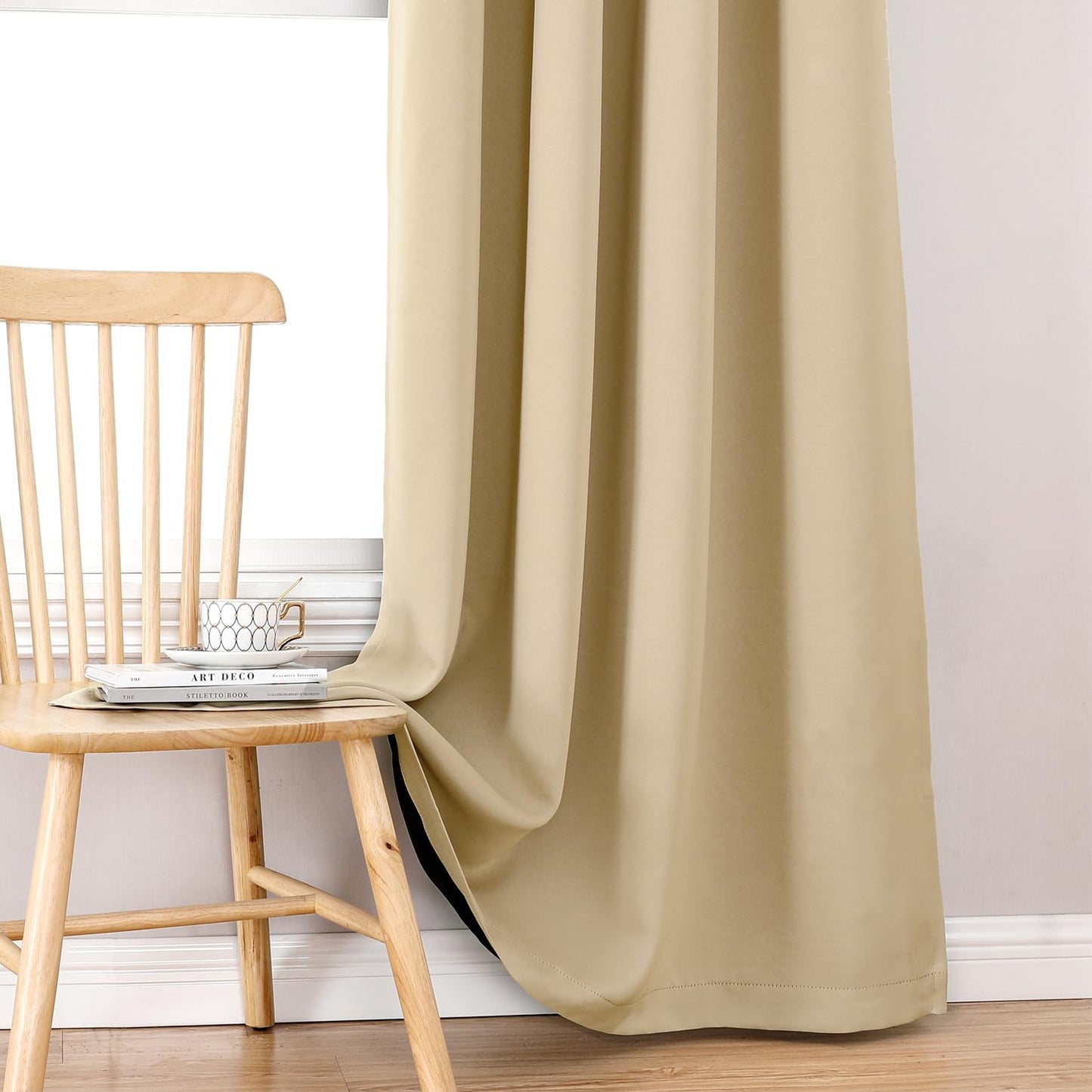 ChrisDowa 100% Blackout Curtains 63 inch Long for Bedroom with Black Liner, Extra Wide 2 Thick Layers Total Blackout Thermal Insulated Grommet Window Curtains 2 Panels Set (Beige, 60 x 63 Inch)