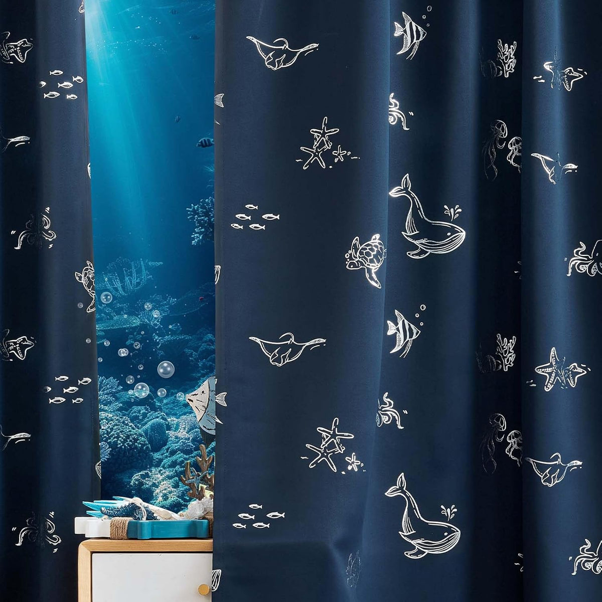 Vangao Kids Curtains for Boys Bedroom Kids Blackout Curtains 96 Inch Length Ocean Aquarium Nursery Drapes for Girls Bedroom Silver Sea Animals Print Thermal Insulated Drapes, Navy Blue 2 Panels