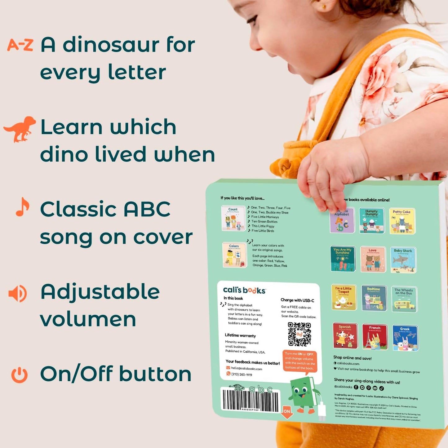 Cali's Books Dinosaur Alphabet Book for Toddlers 1-3 - Learn Dino ABC, Musical Books for Kids, Interactive Talking Baby Toddler Sound Book, Educational Song Learning Toys Singing Music Toy for Babies