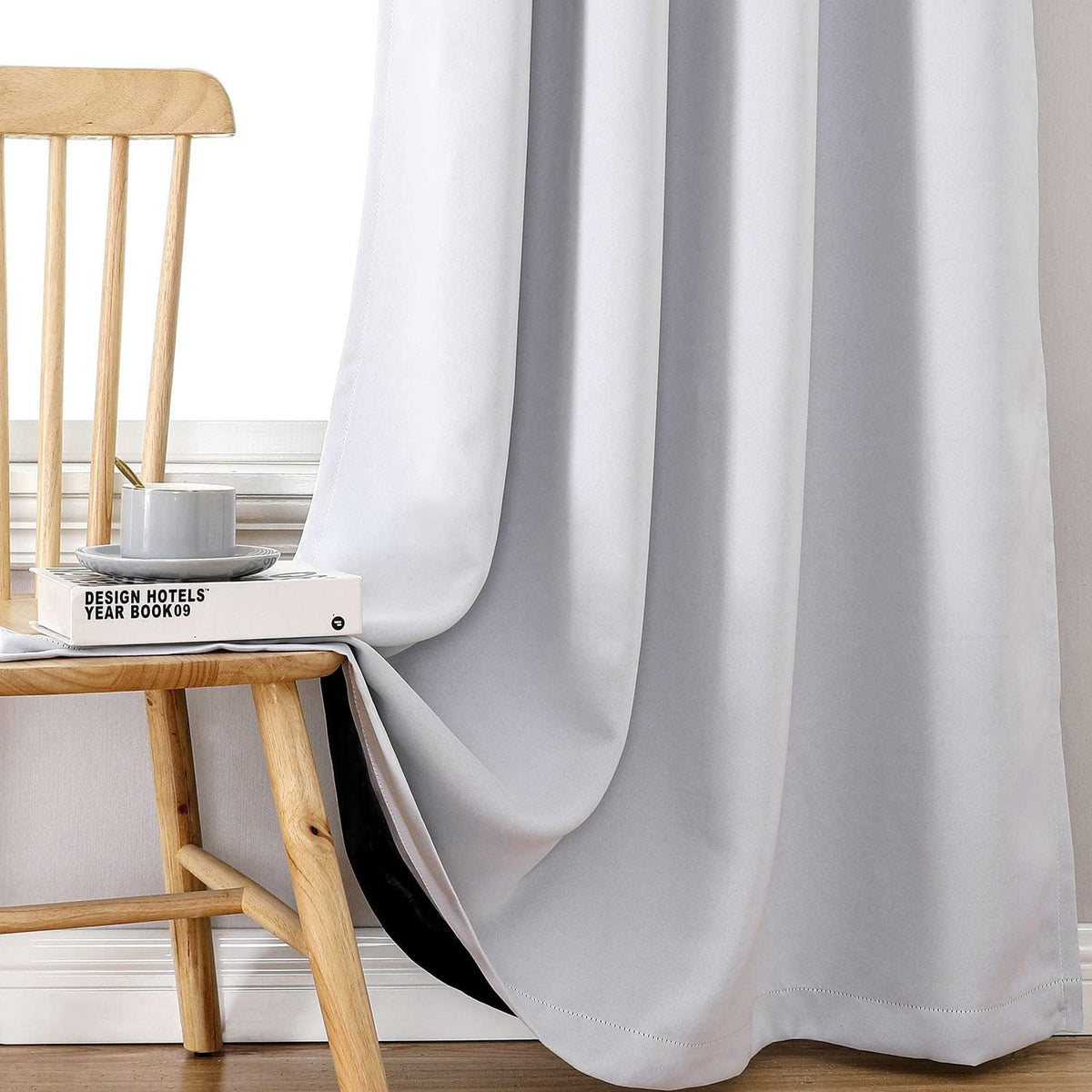ChrisDowa 100% Blackout Curtains for Bedroom with Black Liner, 2 Thick Layers Total Blackout Thermal Insulated Grommet Window Curtains 2 Panels Set (Greyish White, 52 x 84 Inch)