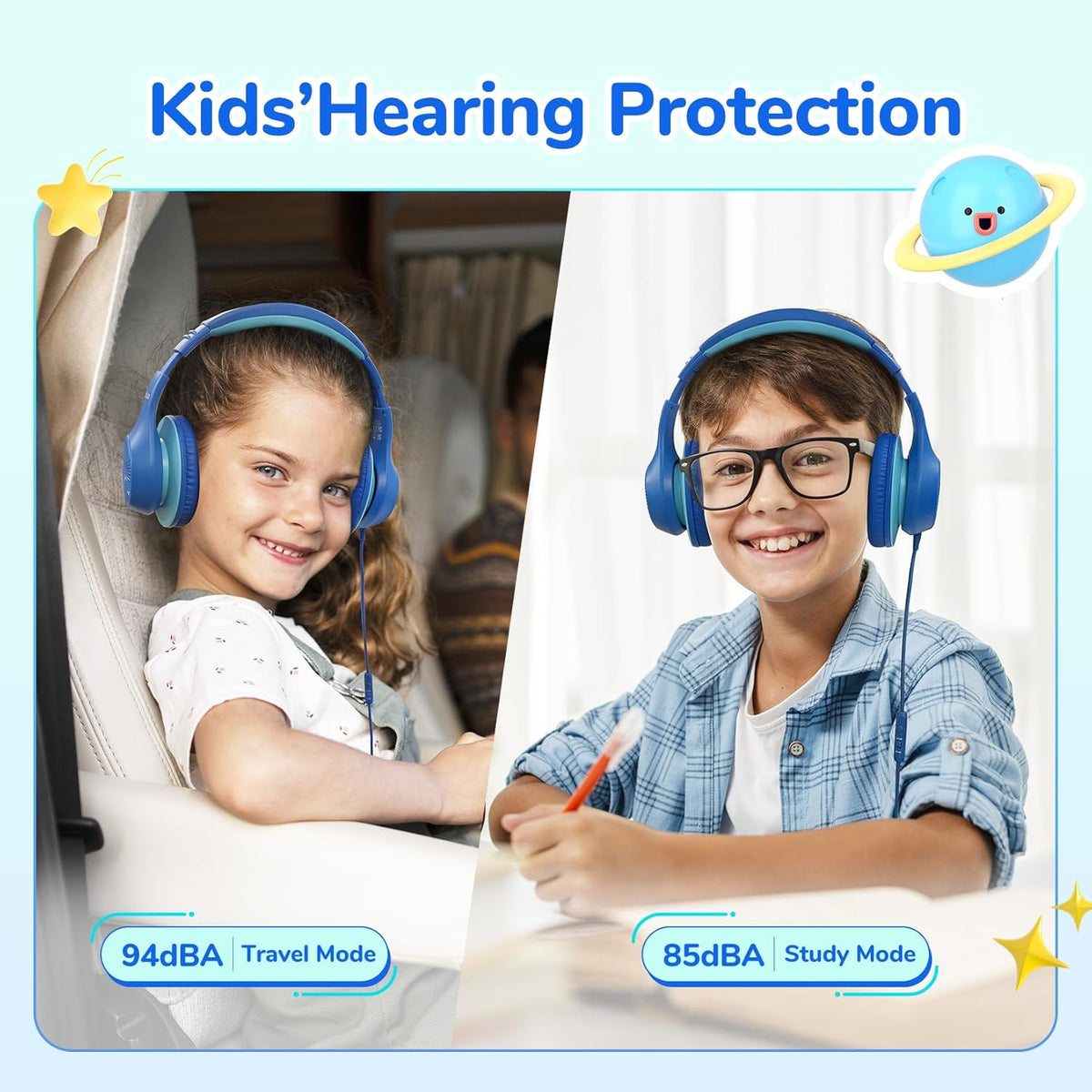EarFun K3 Kids Headphones, Over Ear Headphones with Microphones, 85/94dB Safe Volume Limit, HD Stereo Sound, 3.5mm Jack, Foldable Wired Headphones for School/Travel/Boys/Girls/Tablet/iPad, Blue