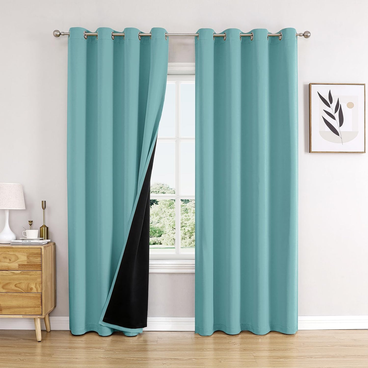 ChrisDowa 100% Blackout Curtains 102 inch Long for Bedroom with Black Liner, 2 Thick Layers Total Blackout Thermal Insulated Grommet Window Curtains 2 Panels Set (Aqua, 52 x 102 Inch)