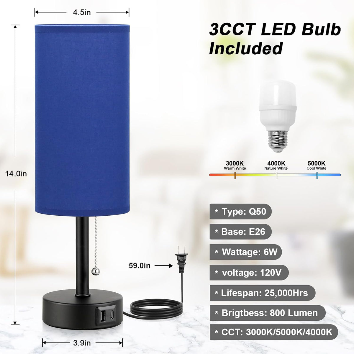 Blue Table Bedside Lamp for Bedroom Nightstand - Small Lamp with USB A + C Charging Port, 3 Color Temperatures Pull Chain Night Stand Light with Bulb, Side Table Desk Reading Lamp for Living Room