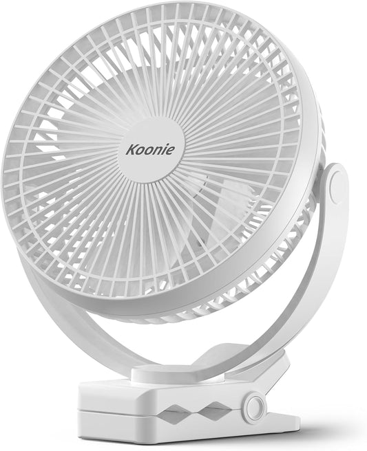 Koonie Portable Clip on Fan, 8-Inch 10000mAh USB Rechargeable Battery Operated, 4 Speeds, Strong Airflow, Sturdy Clamp for Office Desk Golf Car Outdoor Travel Camping Tent Gym Treadmill