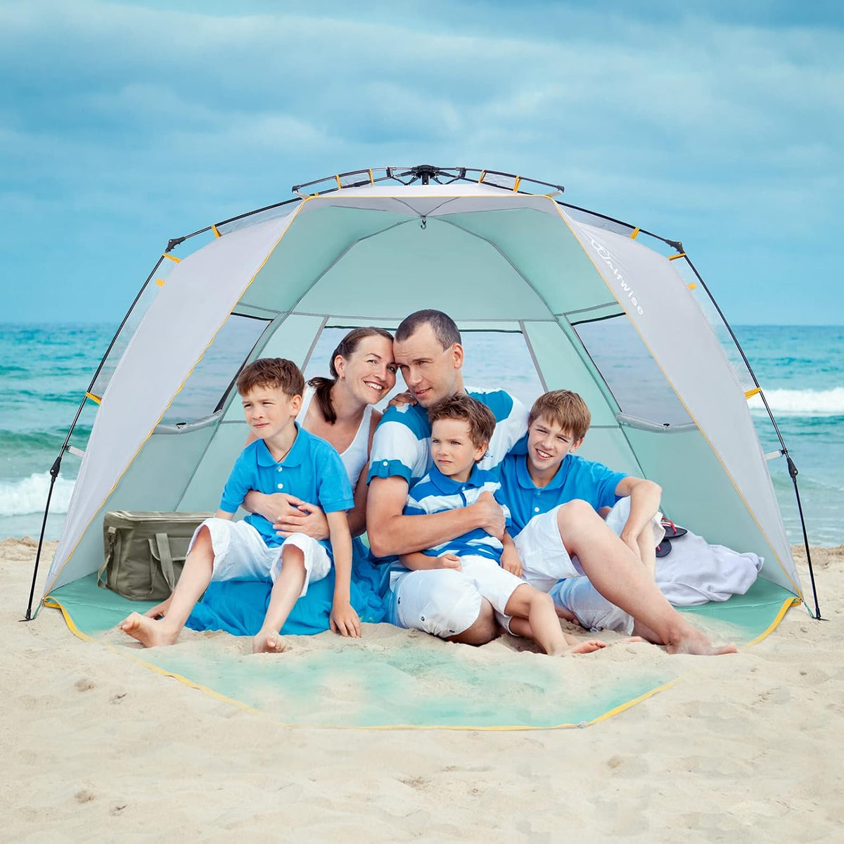 WolfWise Pop Up XL Beach Tent 99" Wide for 4-6 Person UPF 50+ Portable Instant Sun Shelter Canopy Umbrella with Extended Zippered Porch