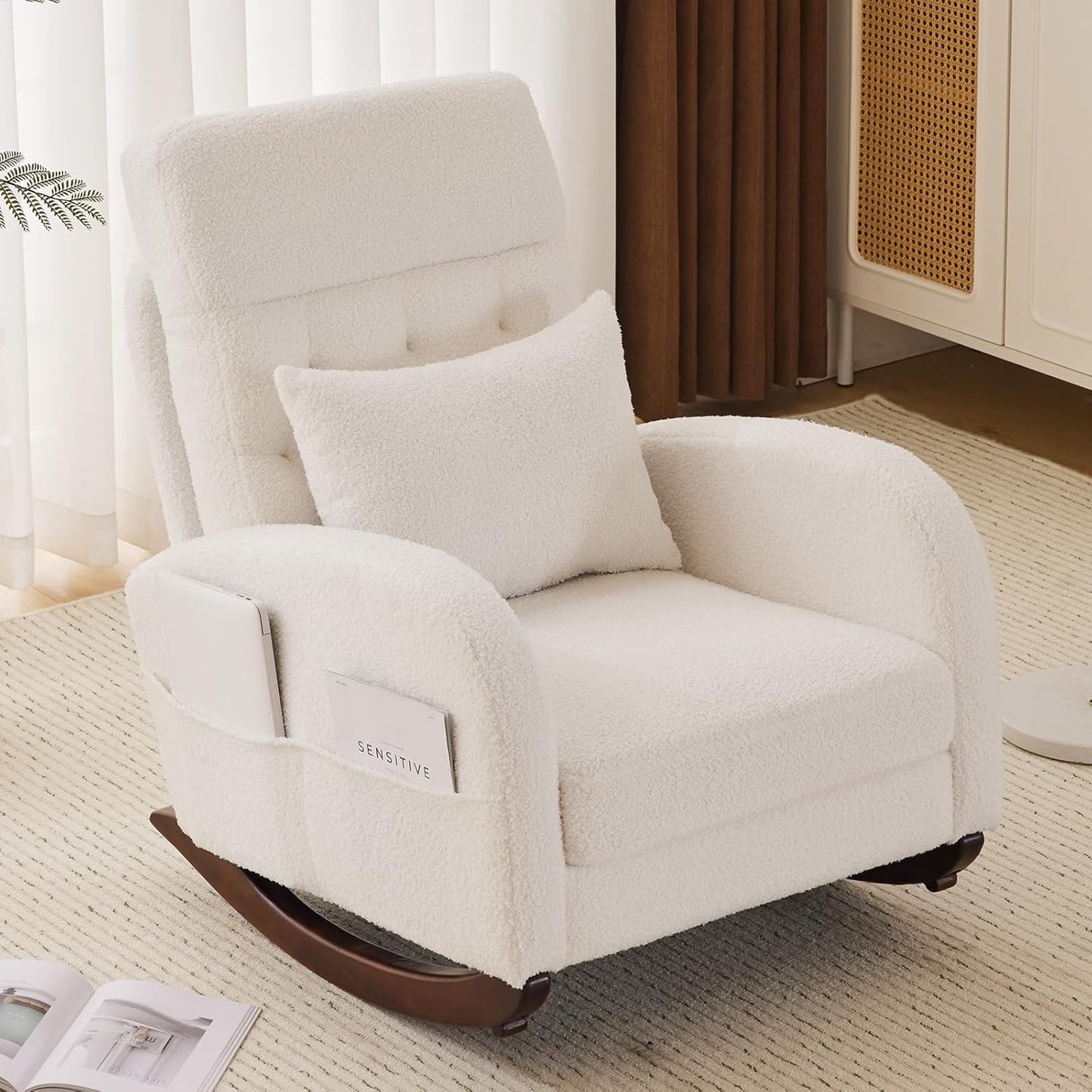 VINGLI Teddy Fleece Low Seat Rocking Chair,Boucle Upholstered Nursery Glider Chair with Side Pockets,Accent Arm Chair with High Backrest,Comfy Head Rest,Solid Wood,for Living Room, Bedroom,Beige