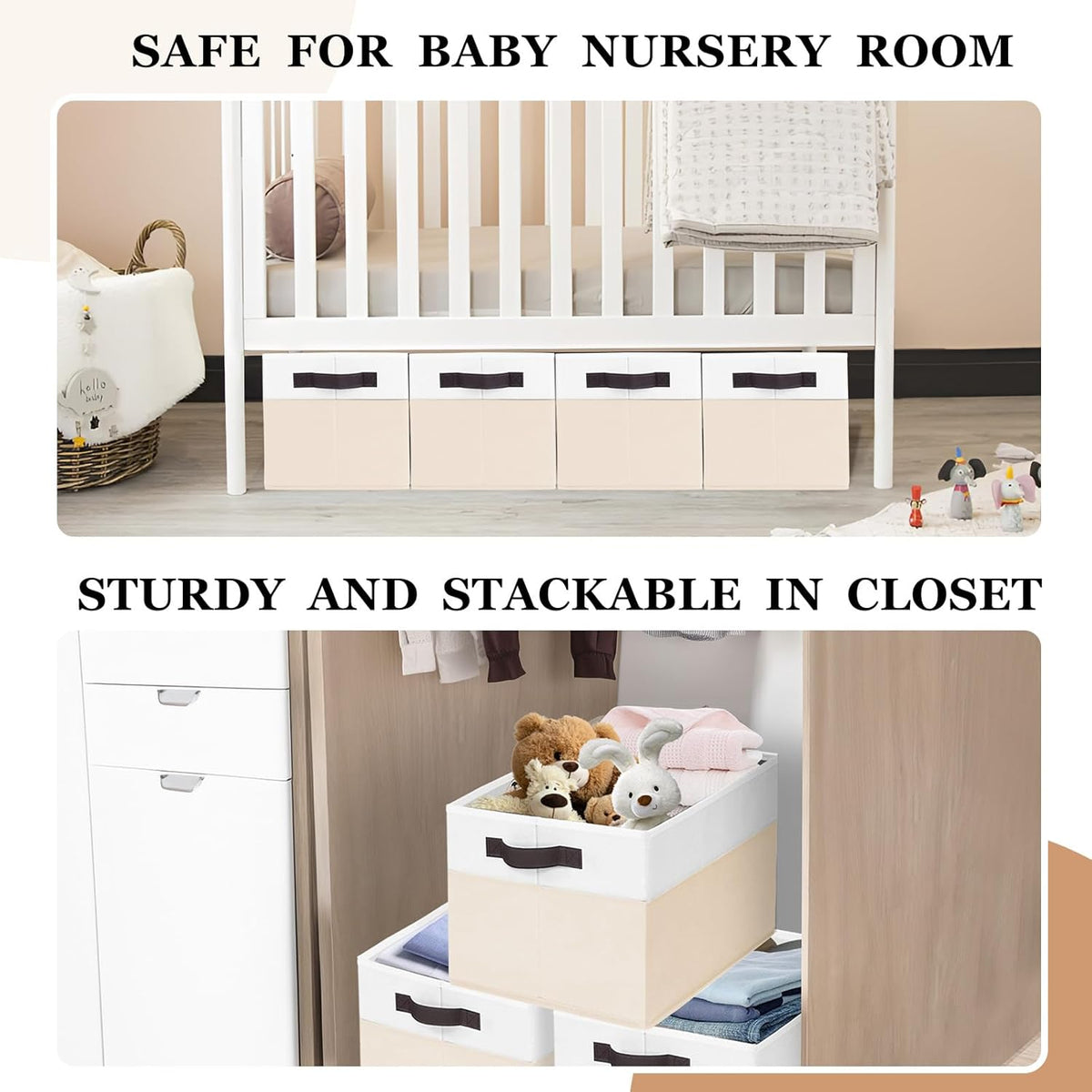 Criusia 4 Pack Baby Clothes Organizer Bins, Fabric Collapsible Storage Baskets with Handles, Odorless Storage Bins for Toy Clothes Nursery Kids Room Playroom Classroom (14L*10W*9.5H)