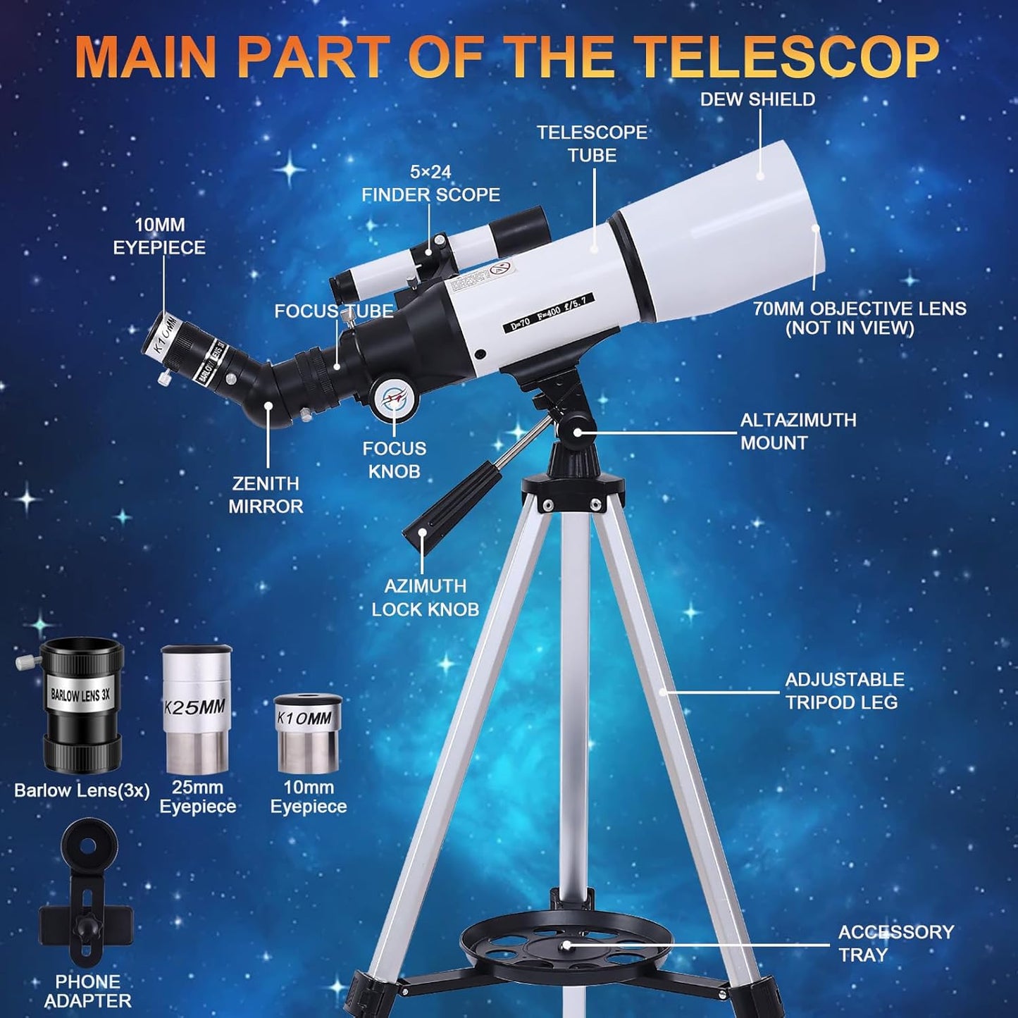 PISEZ 70400 Telescope for Adults & Beginner,70mm Aperture 400mm AZ Mount Astronomical Refracting Telescope for Kids Beginnerswith Carry Bag, Phone Adapter