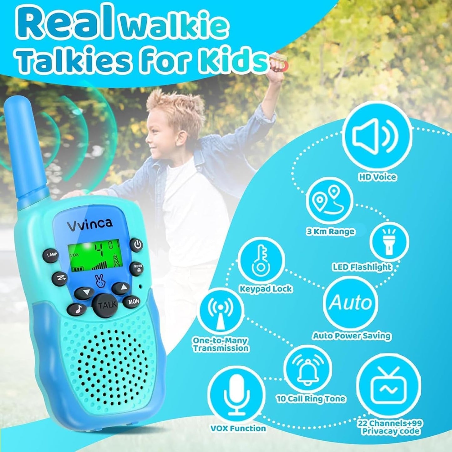 Vvinca Walkie Talkies for Kids Rechargeable 3 Pack, Toys for Boys Girls Age 3-13 Ourdoor Camping Birthday Gift, 3KM Long Range Walkie-Talkie 2 Way Radios 22 CH VOX with Li-ion Battery Flashlight