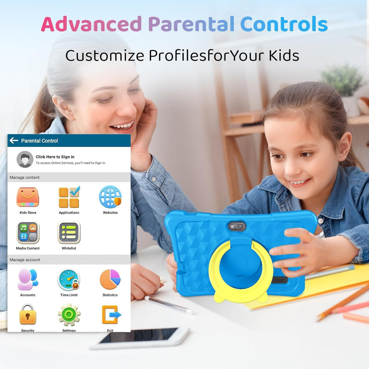 Kids Tablet, 7 inch Android 15 Tablet for Kids, 8GB+32GB 1TB Expand, Quad-Core Toddler Tablets with Shockproof Case, BT5.0, WiFi 5, Parental Control, Games, Dual Camera (Sky Blue)