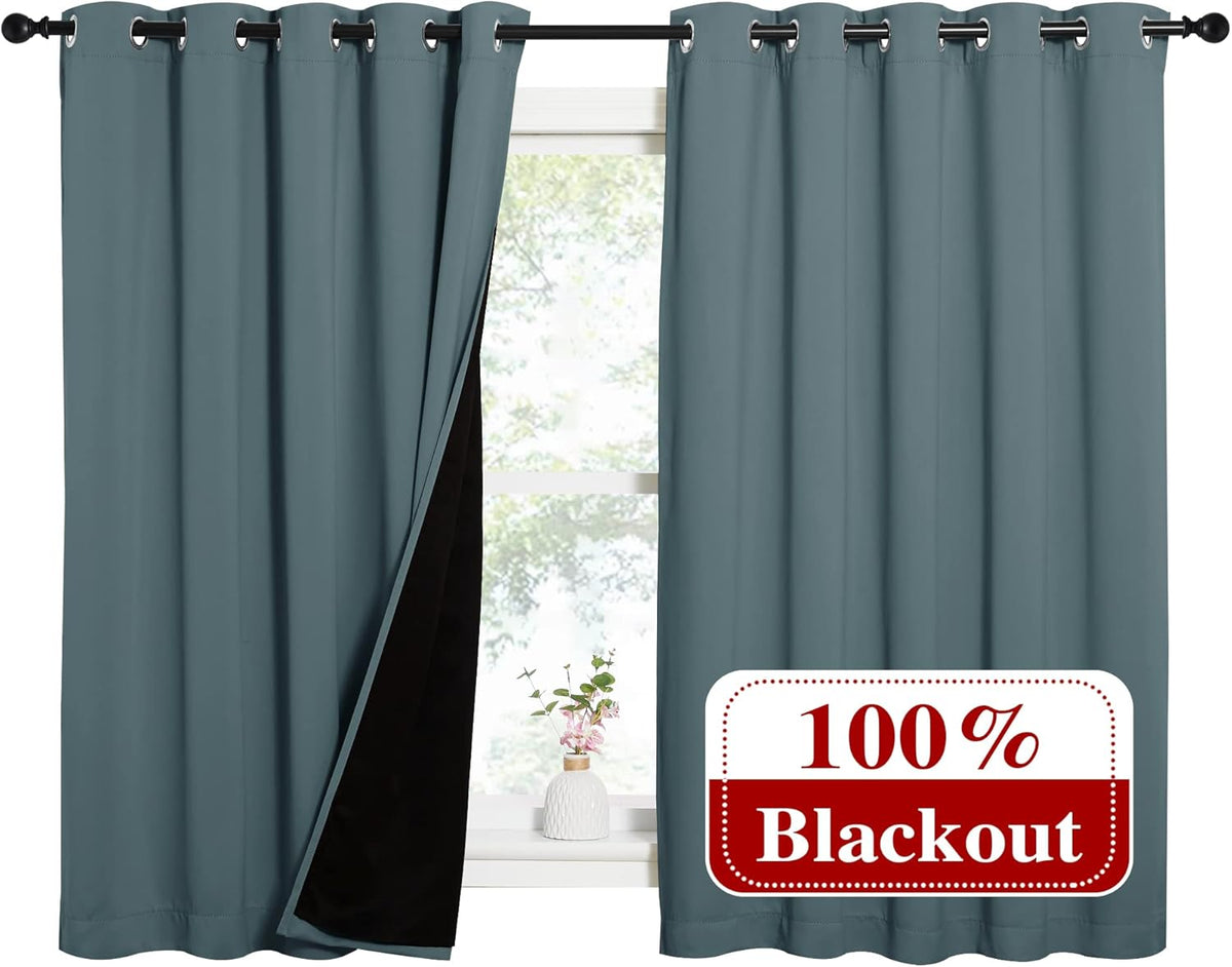 NICETOWN Greyish Green 100% Blackout Lined Curtains, 2 Thick Layers Completely Blackout Window Treatment Thermal Insulated Drapes for Kitchen/Bedroom (1 Pair, 62" Width x 63" Length per Panel)