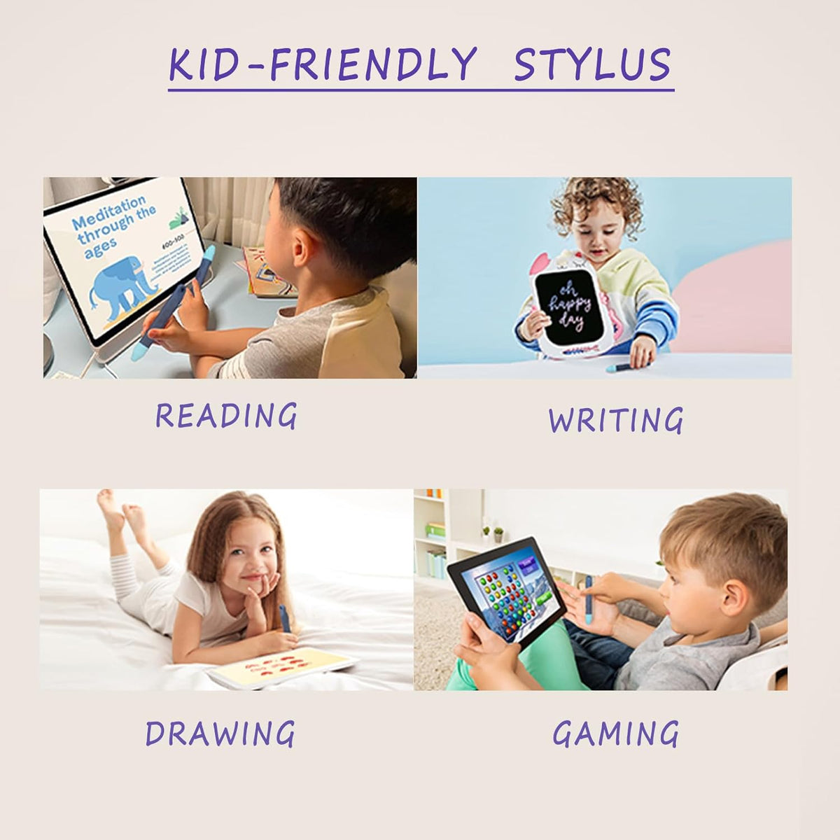 Kid-Friendly Tablet Stylus with Tether, 2 Pack of Pink and Purple Kids Stylus Pen for iPad, Fire Tablet, All AMZ Fire Kids and Kids Pro, Sufface Tablets, Samsung Tablets and All Touch Screen Devices