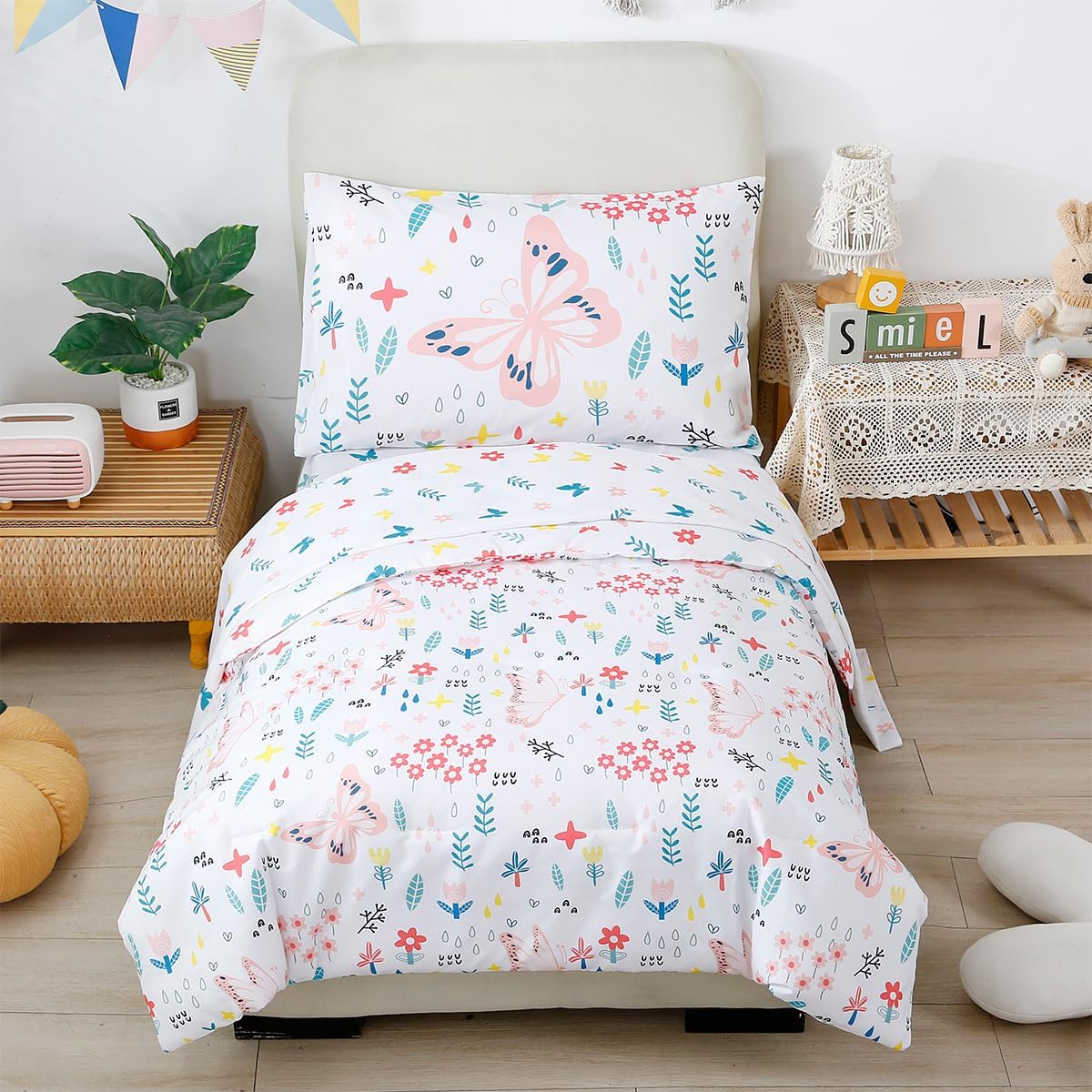 PERFEMET 5 Pieces Girls Bed in A Bag Full Size Reversible Pink Flowers Butterfly Comforter Set with Sheet Soft Lightweight Botanical Floral Bedding Set for Kids Teen(White, Full)