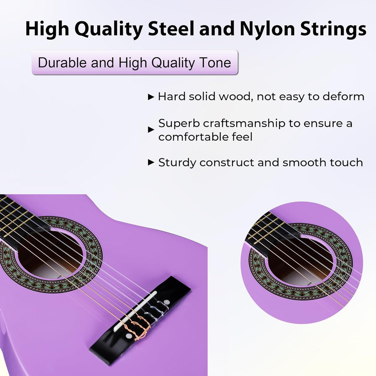 ADM Beginner Acoustic Classical Guitar 30 Inch Nylon Strings Wooden Guitar Bundle Kit for Kid Boy Girl Student Youth Guitarra Online Lessons with Gig Bag, Strap, Tuner, Strings, Picks, Purple