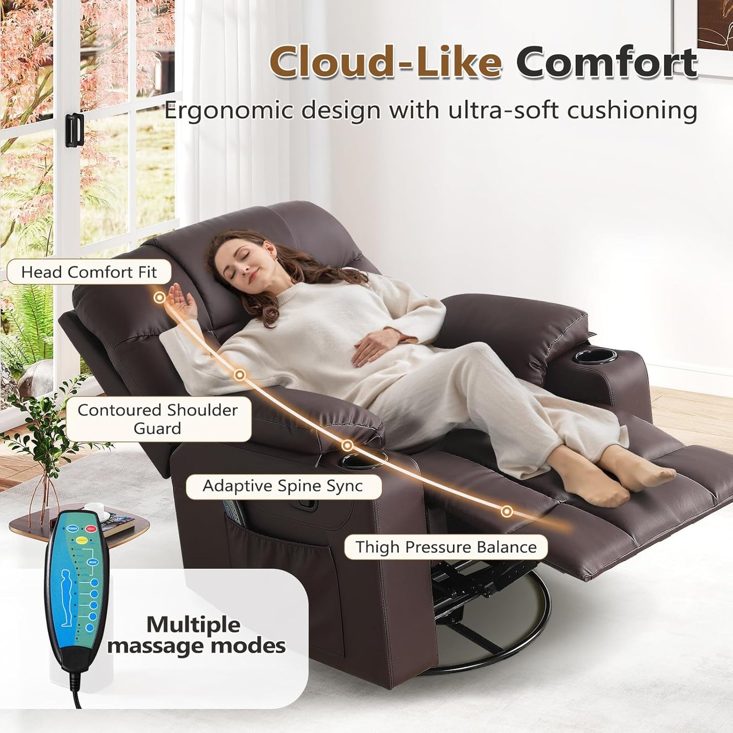 ANJ Swivel Rocker Recliner Chair Set of 3, Brown PU Leather, Manual 3-Position Reclining with Massage & Heat, Cup Holders for Living Room