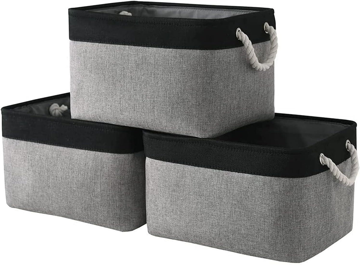 Organization and Storage Bins for Shelves - 16x12x8 inch Large 3 Pack Fabric Storage Cubes Collapsible Baskets for Shelves with Rope, Storage Basket for Organizing Cloth Laundry (Black & Grey)
