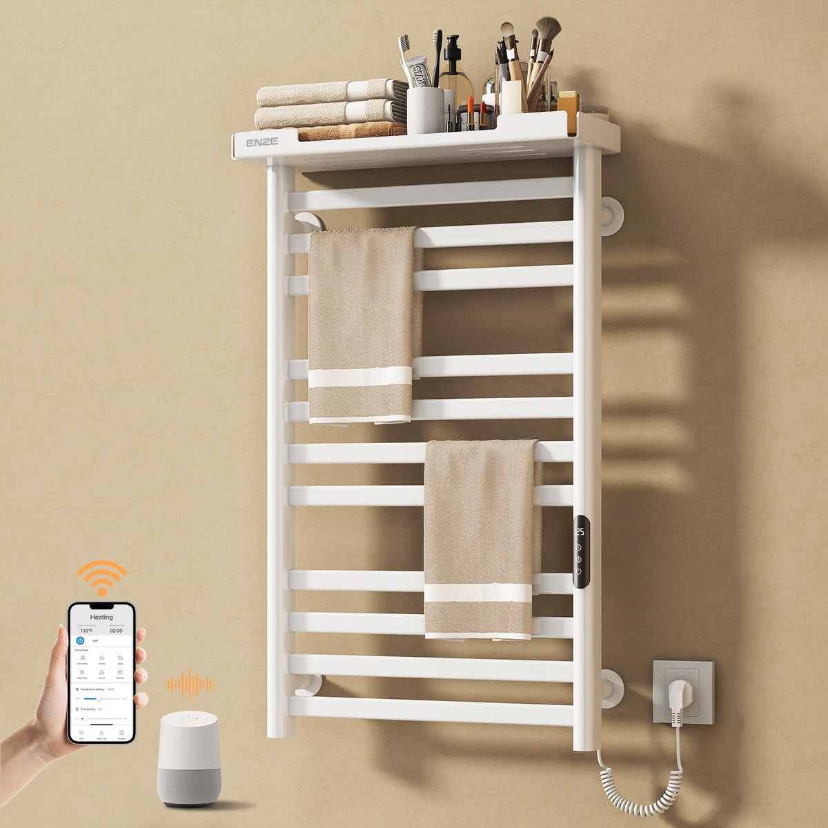 ENZE Heated Towel Rack with Shelf and Wi-Fi App Control, 11 Bars Electric Wall Mounted Towel Warmer with Timer & Adjustable Temperature, Low Carbon Steel, Plug-in/Hardwired, White