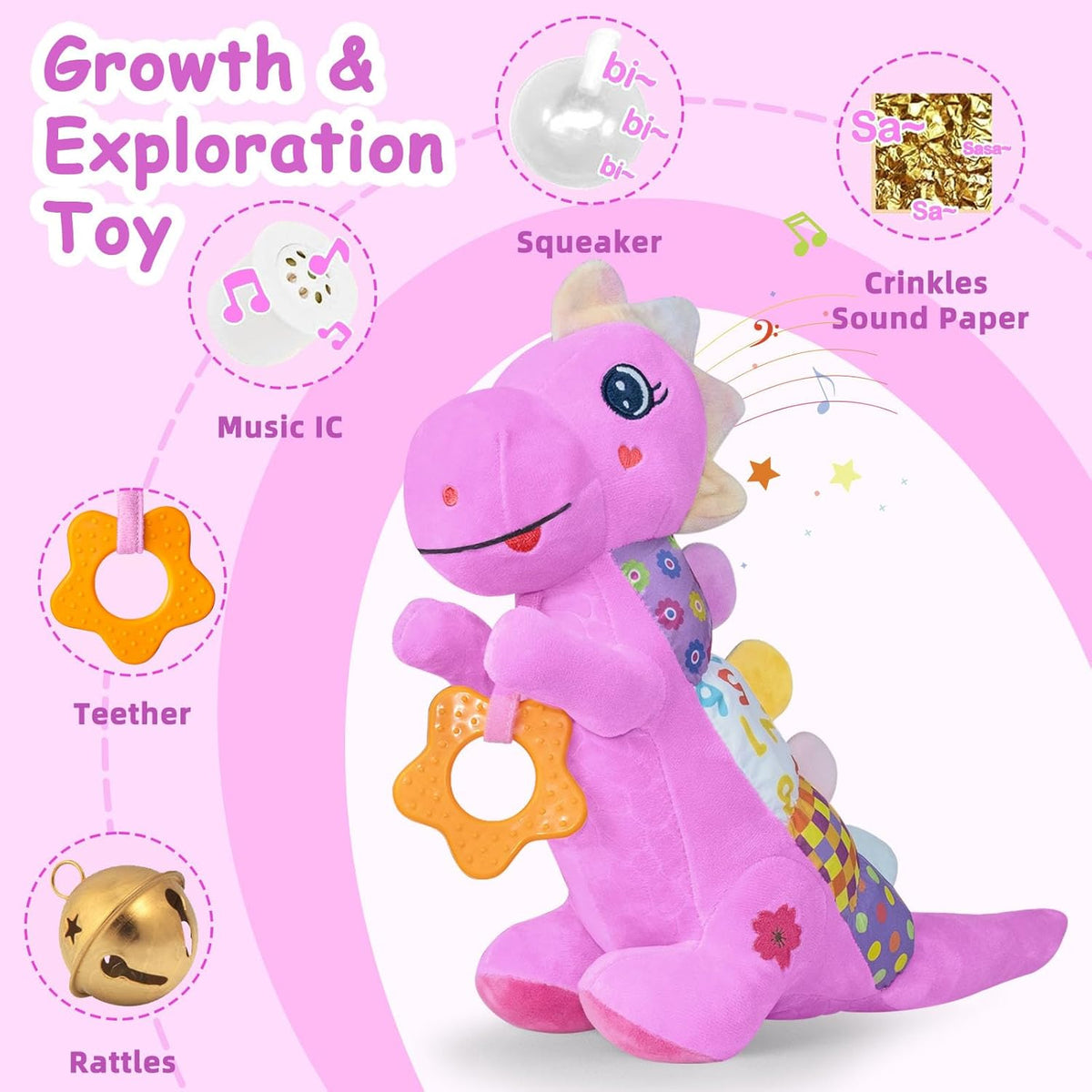 Baby Dino Plush Soft Stuffed Animal Toy for 0-3-6-12+ Months,Infant Musical Toy with Rattle,Squeaker,Sensory Crinkle,Teether & Textures,Toys for Christmas Baby Gift for Newborn Girl Boy (Purple)