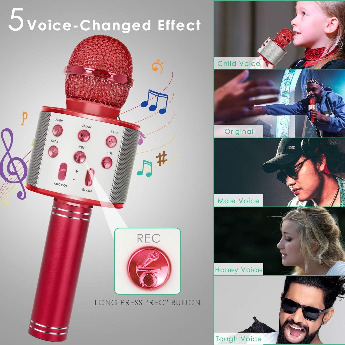 KIDWILL Wireless Bluetooth Karaoke Microphone for Kids, 5-in-1 Portable Handheld Karaoke Mic Speaker Player Recorder with Adjustable Remix FM Radio for Kids Girls Boys Teens Birthday (Red)
